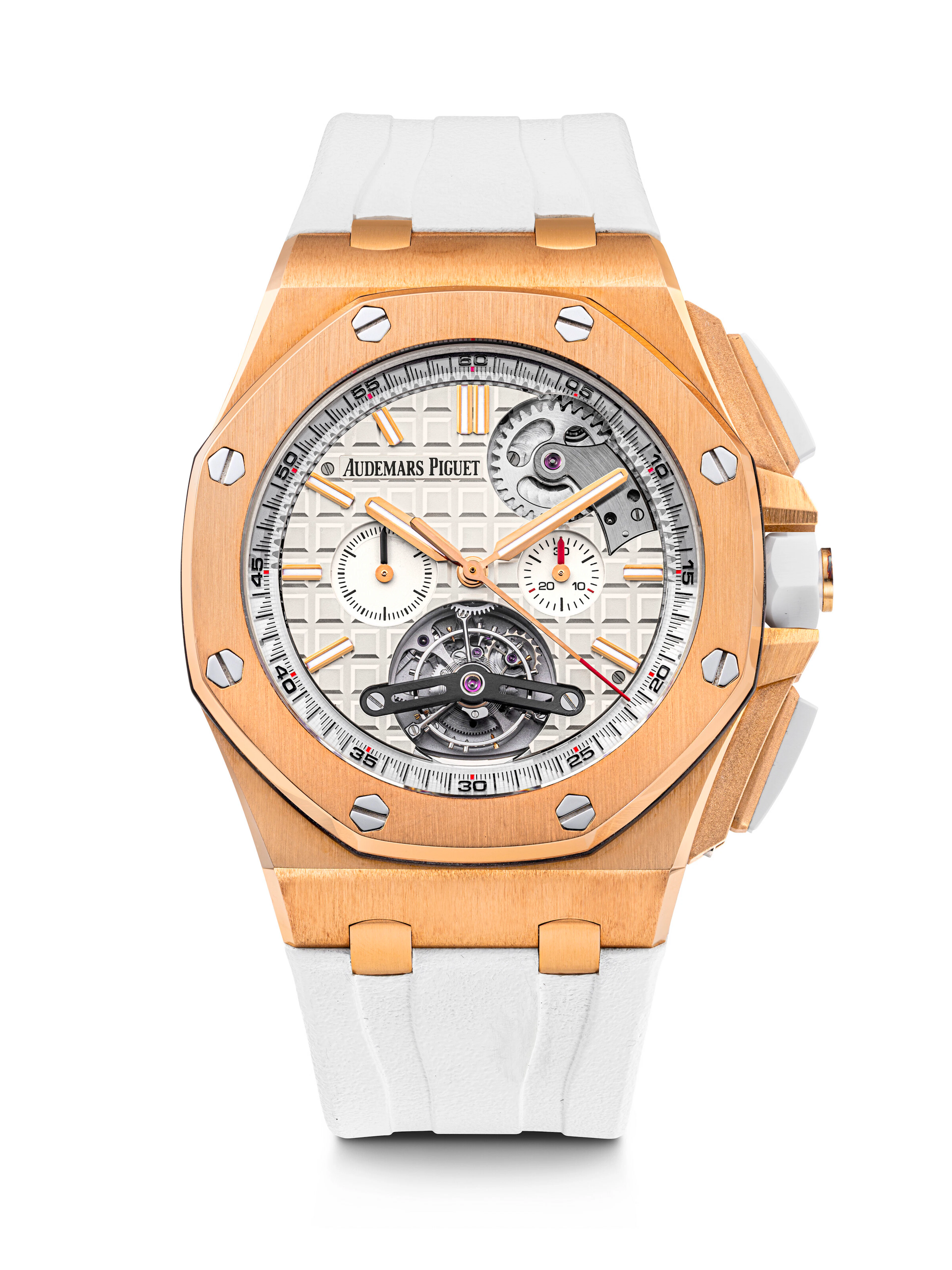 AUDEMARS PIGUET. A RARE 18K PINK GOLD AND WHITE CERAMIC AUTOMATIC