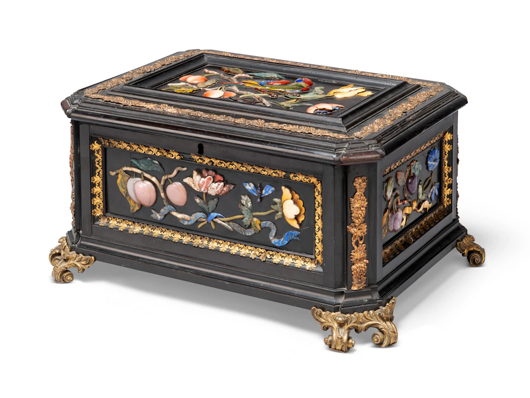 An Italian Ormolu-Mounted Pietra Dura and Ebony Casket