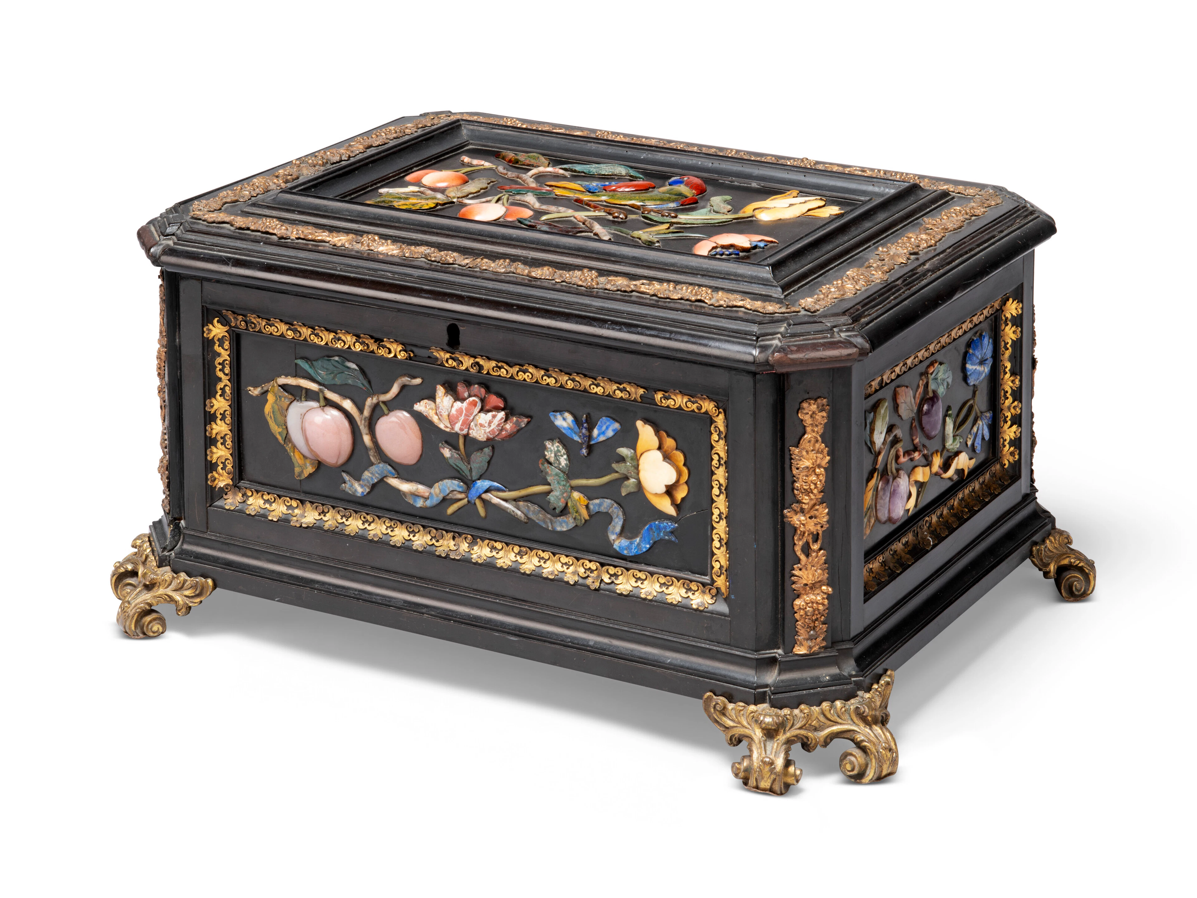 An Italian Ormolu-Mounted Pietra Dura and Ebony Casket