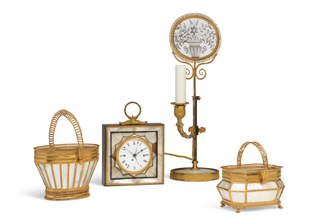 A Group of Three Charles X Palais Royal Ormolu and Mother of Pearl Objects