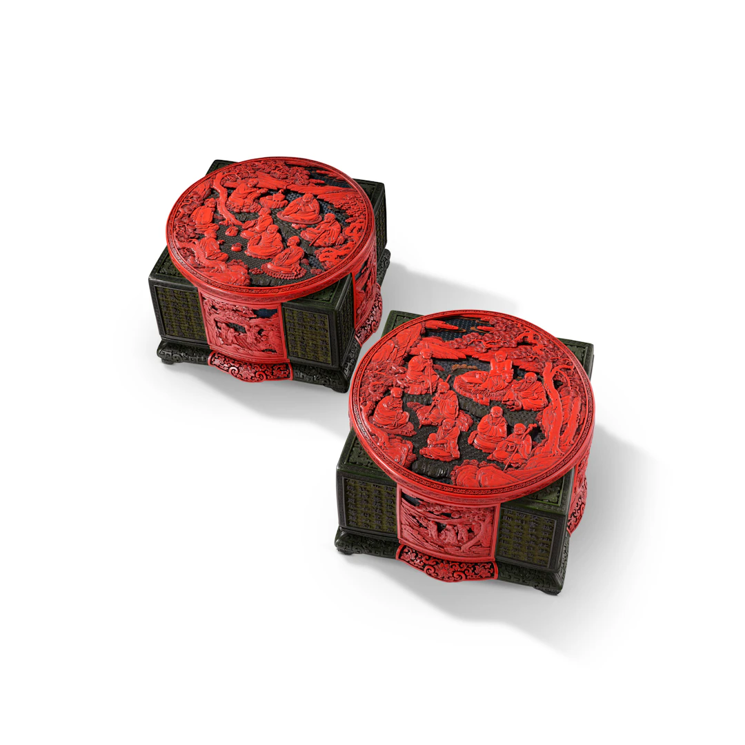 A Rare Pair of Imperial Inscribed Carved Polychrome Lacquer 'Luohan
