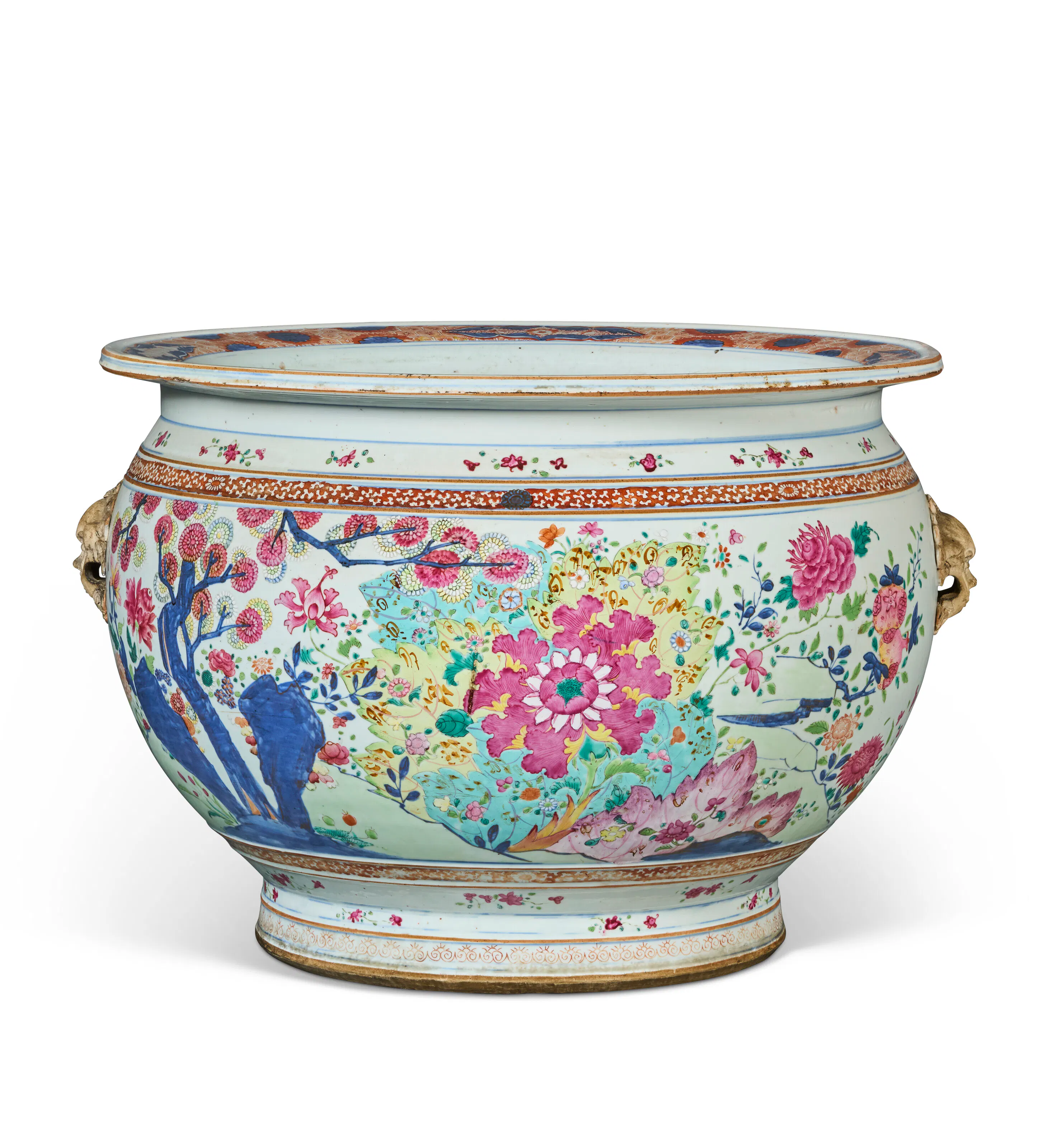A Large Chinese Export Porcelain 'Tobacco Leaf' Fishbowl