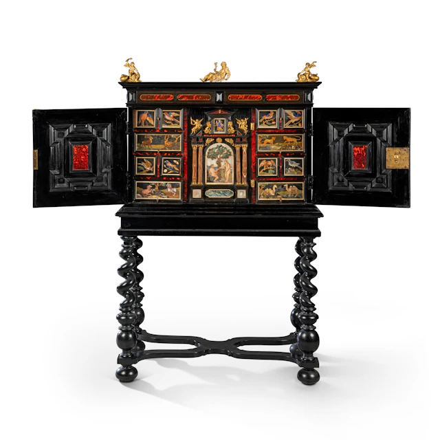 A Flemish Ormolu-Mounted, Ebony, Tortoiseshell and Pietra Dura Cabinet on Stand