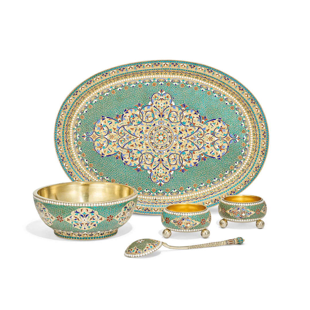 A Russian Cloisonné Enamel Silver-Gilt Tray, Sugar Bowl, Two Salt