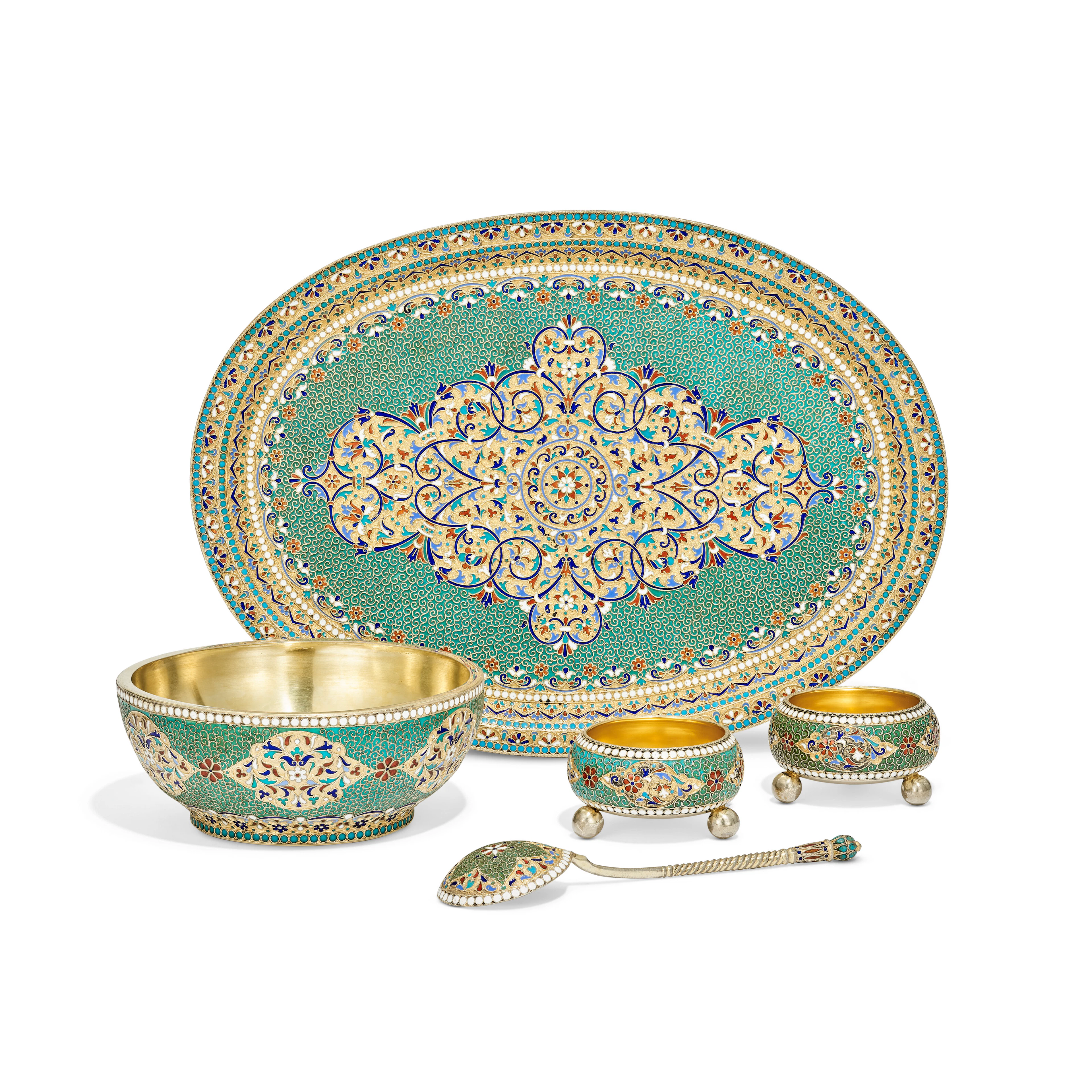 A Russian Cloisonné Enamel Silver-Gilt Tray, Sugar Bowl, Two Salt