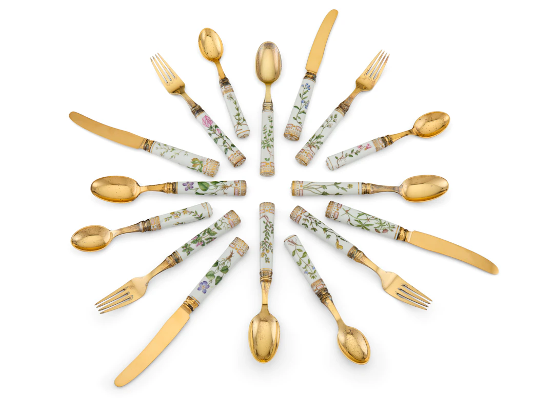 A Royal Copenhagen Porcelain 'Flora Danica' Silver-Gilt Mounted Flatware