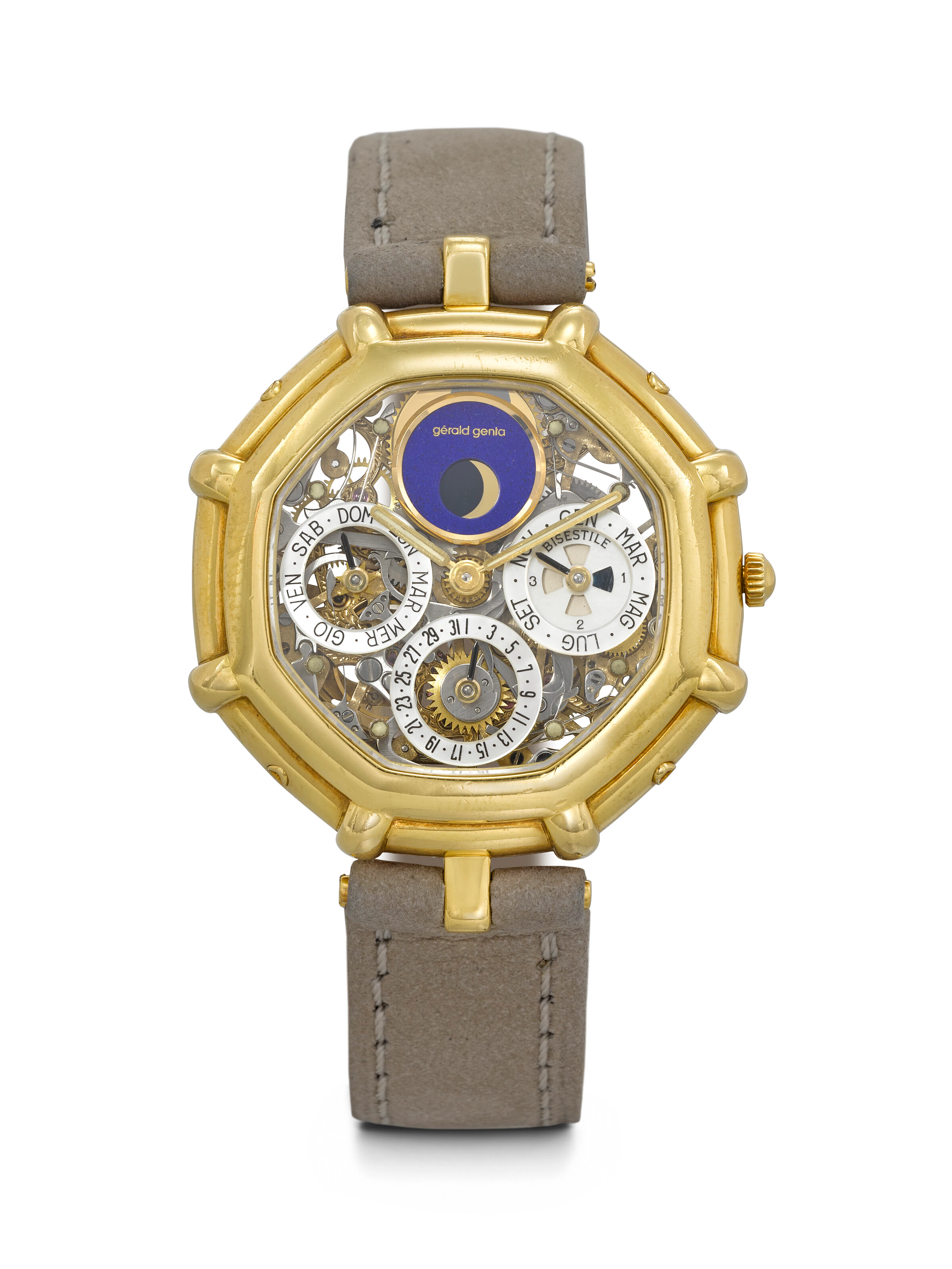GERALD GENTA. A HIGHLY ATTRACTIVE 18K GOLD AUTOMATIC SKELETONIZED