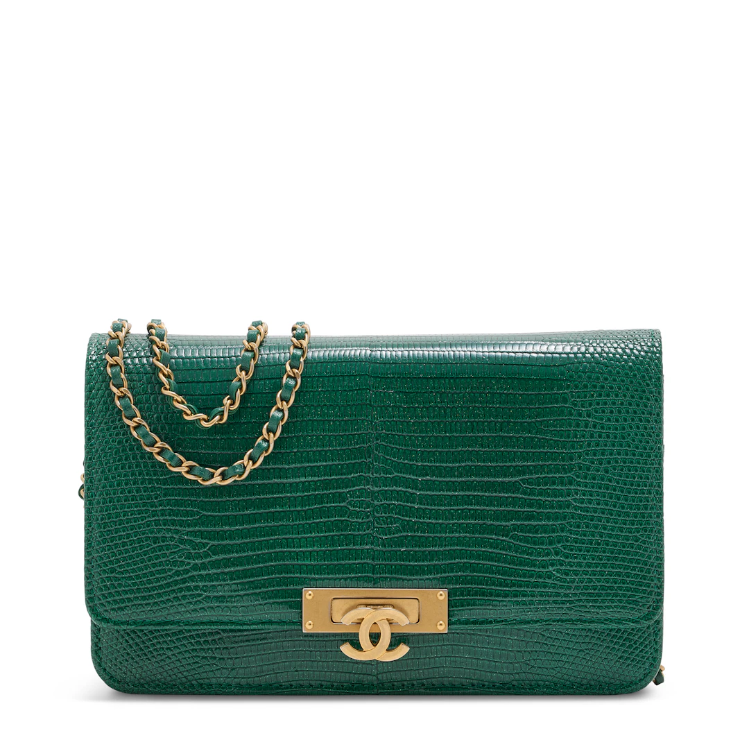 A Shiny Emerald Green Salvator Lizard Chain Wallet with Brushed Gold Hardware