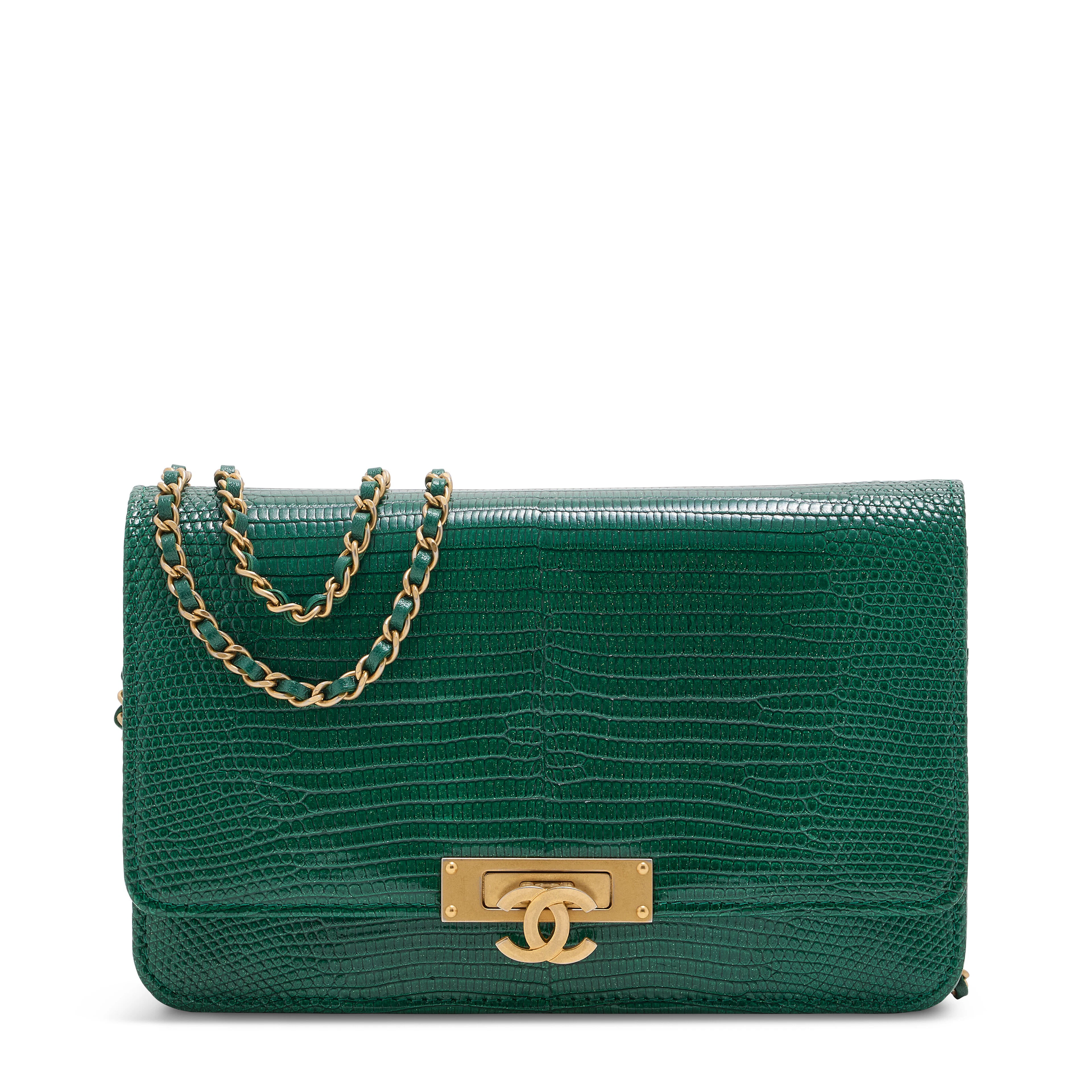 A Shiny Emerald Green Salvator Lizard Chain Wallet with Brushed Gold Hardware