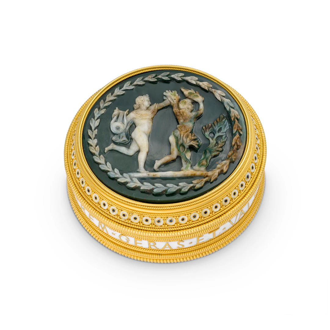 Italian Enamelled Gold-Mounted Hardstone Box, by Castellani, Rome, Circa 1870