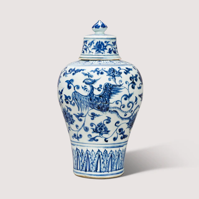 A Very Rare Blue and White ‘Phoenix’ Vase and Cover, Meiping