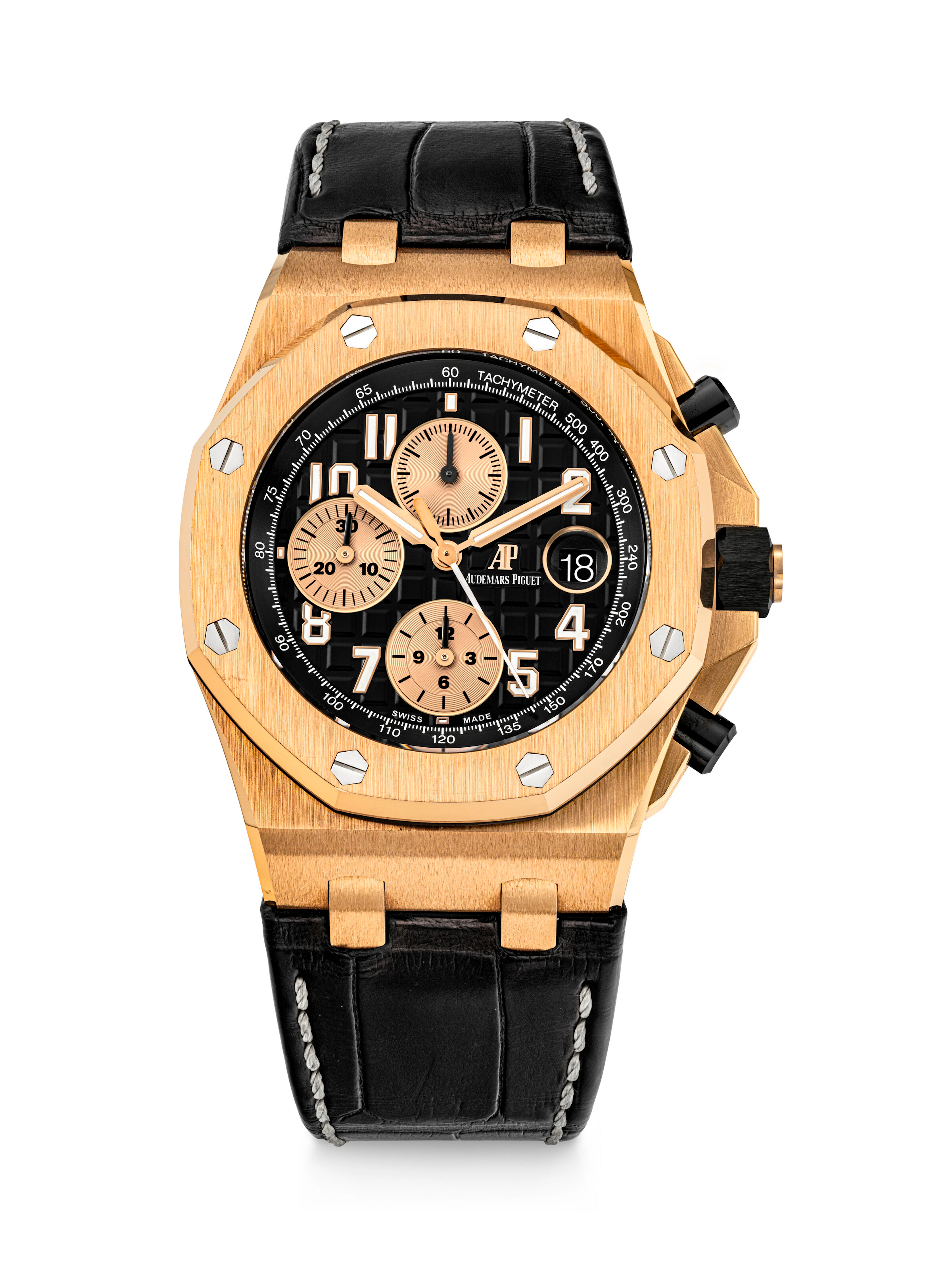AUDEMARS PIGUET. AN ATTRACTIVE 18K PINK GOLD AND CERAMIC AUTOMATIC