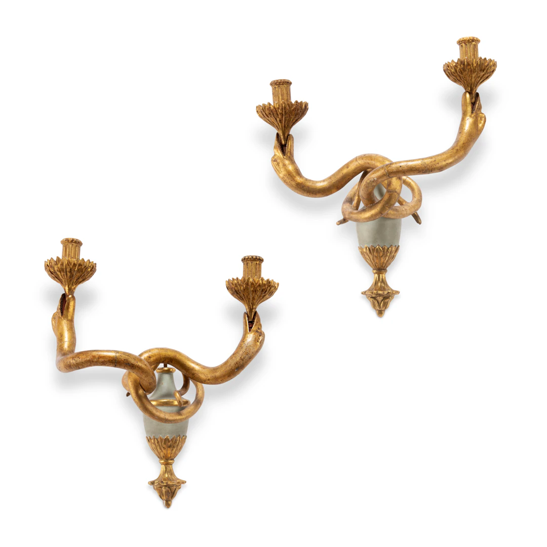 A Pair of Italian Gilt and Green-Painted Two-Light Wall Lights