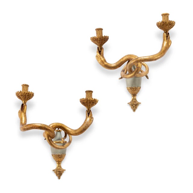 A Pair of Italian Gilt and Green-Painted Two-Light Wall Lights