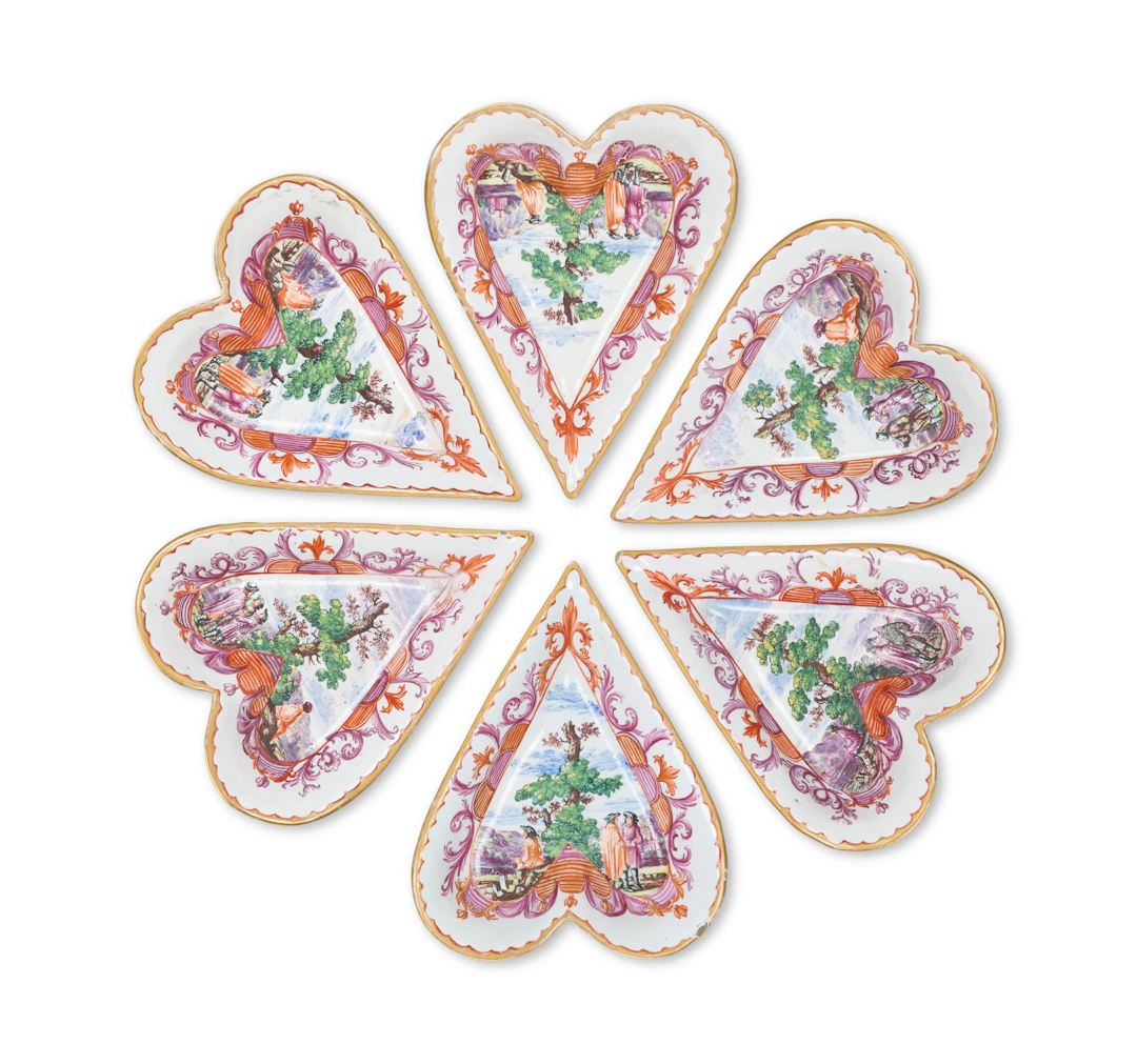 A Set of Six Dutch Delft ‘Petit Feu’ Sweetmeat Dishes