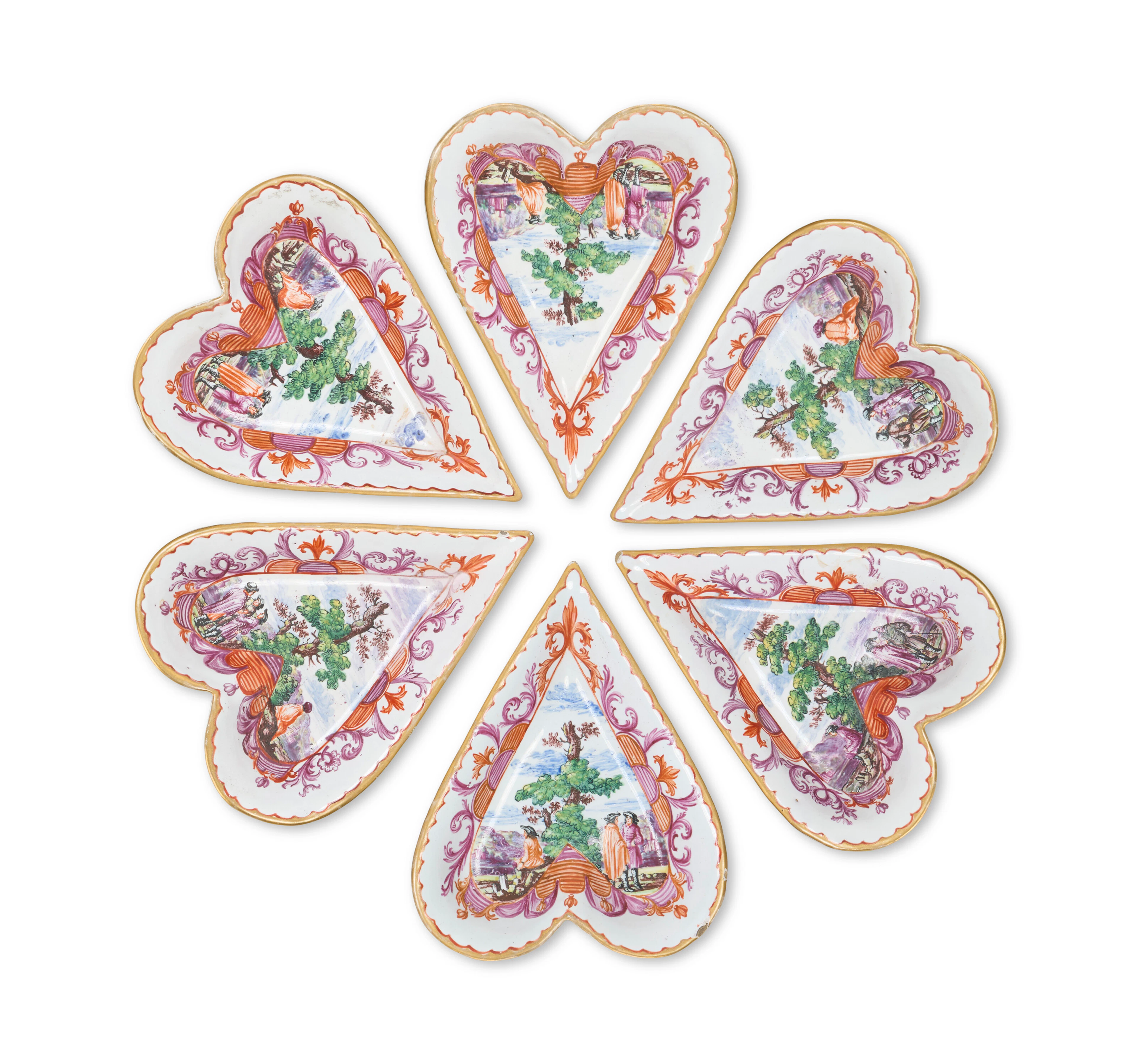 A Set of Six Dutch Delft ‘Petit Feu’ Sweetmeat Dishes