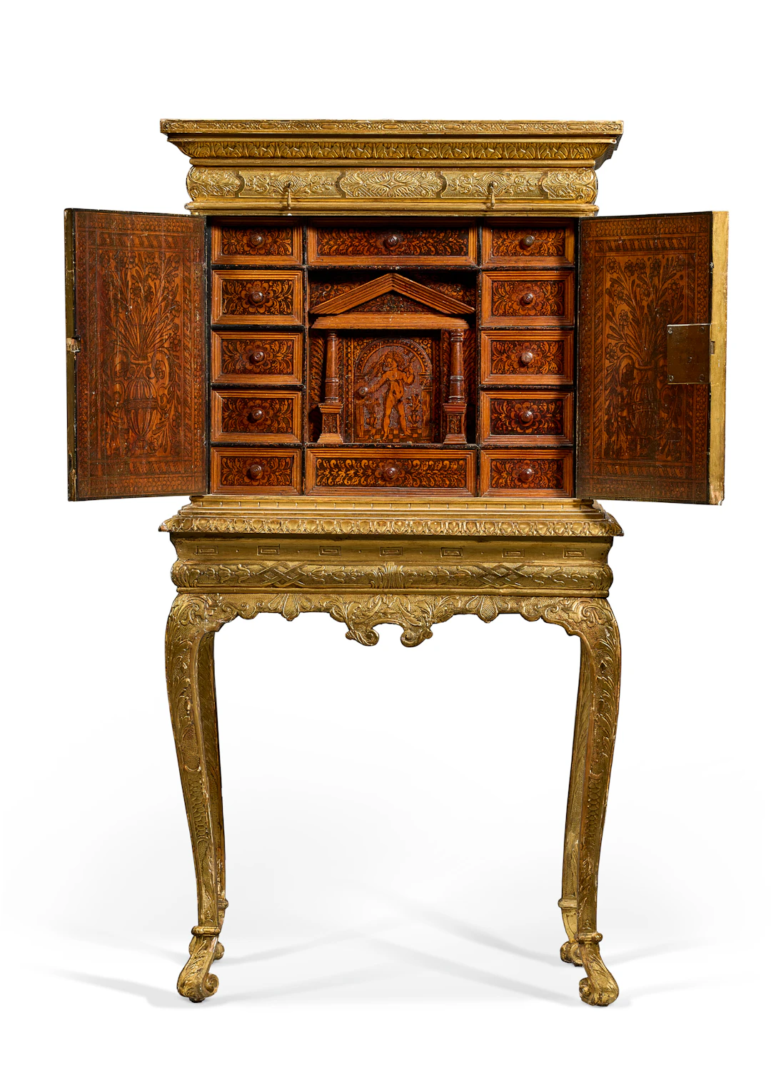 An English 'Antiquarian' Gilt-Gesso and Pokerwork Cabinet-On-Stand