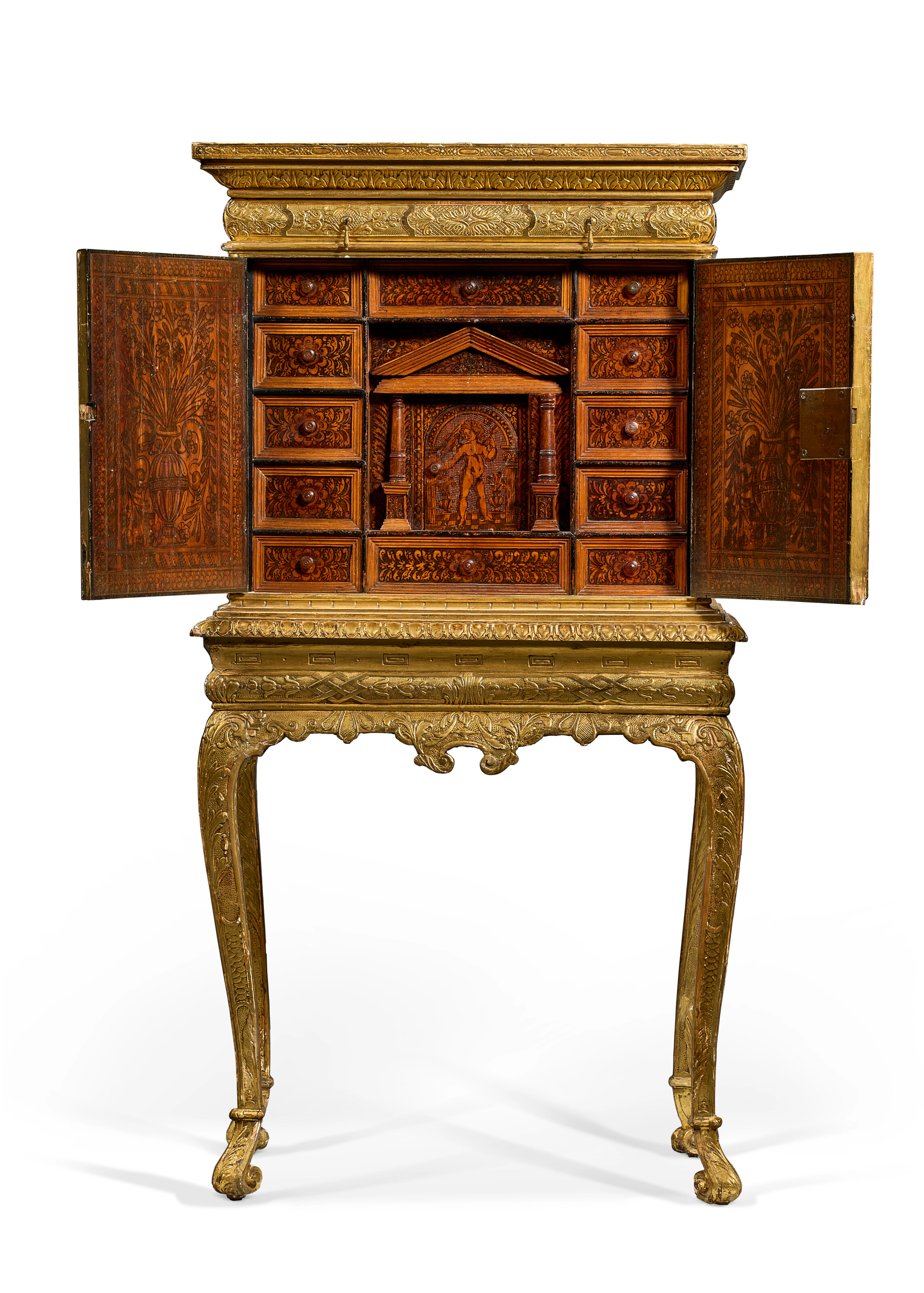 An English 'Antiquarian' Gilt-Gesso and Pokerwork Cabinet-On-Stand