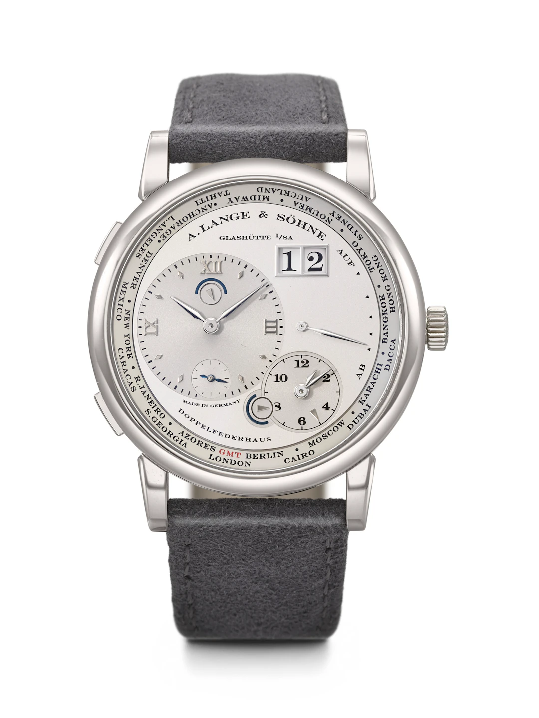 A. Lange & söhne. An Elegant Platinum World and Dual Time Wristwatch