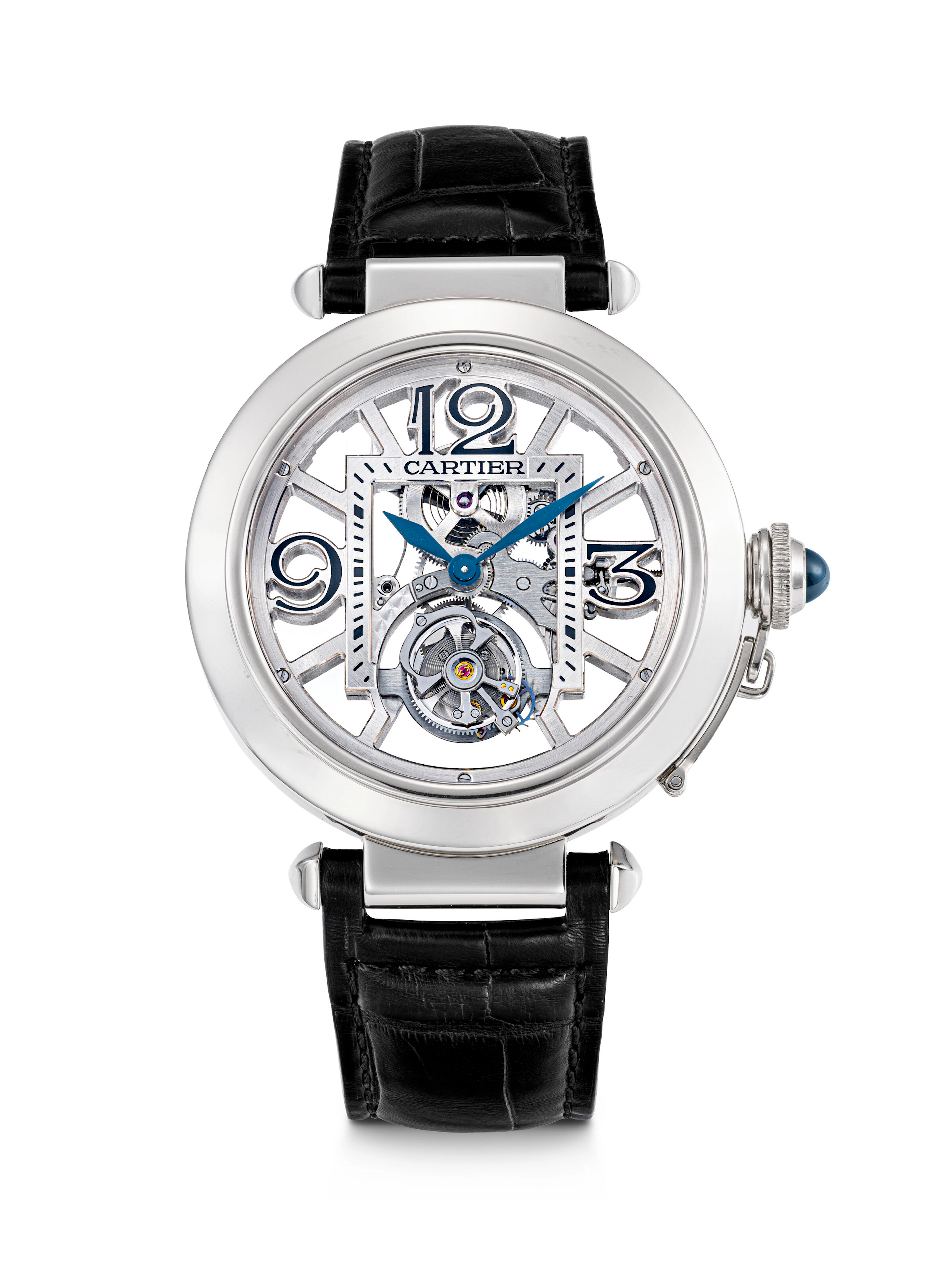 CARTIER. A RARE 18K WHITE GOLD LIMITED EDITION SKELETONISED TOURBILLON