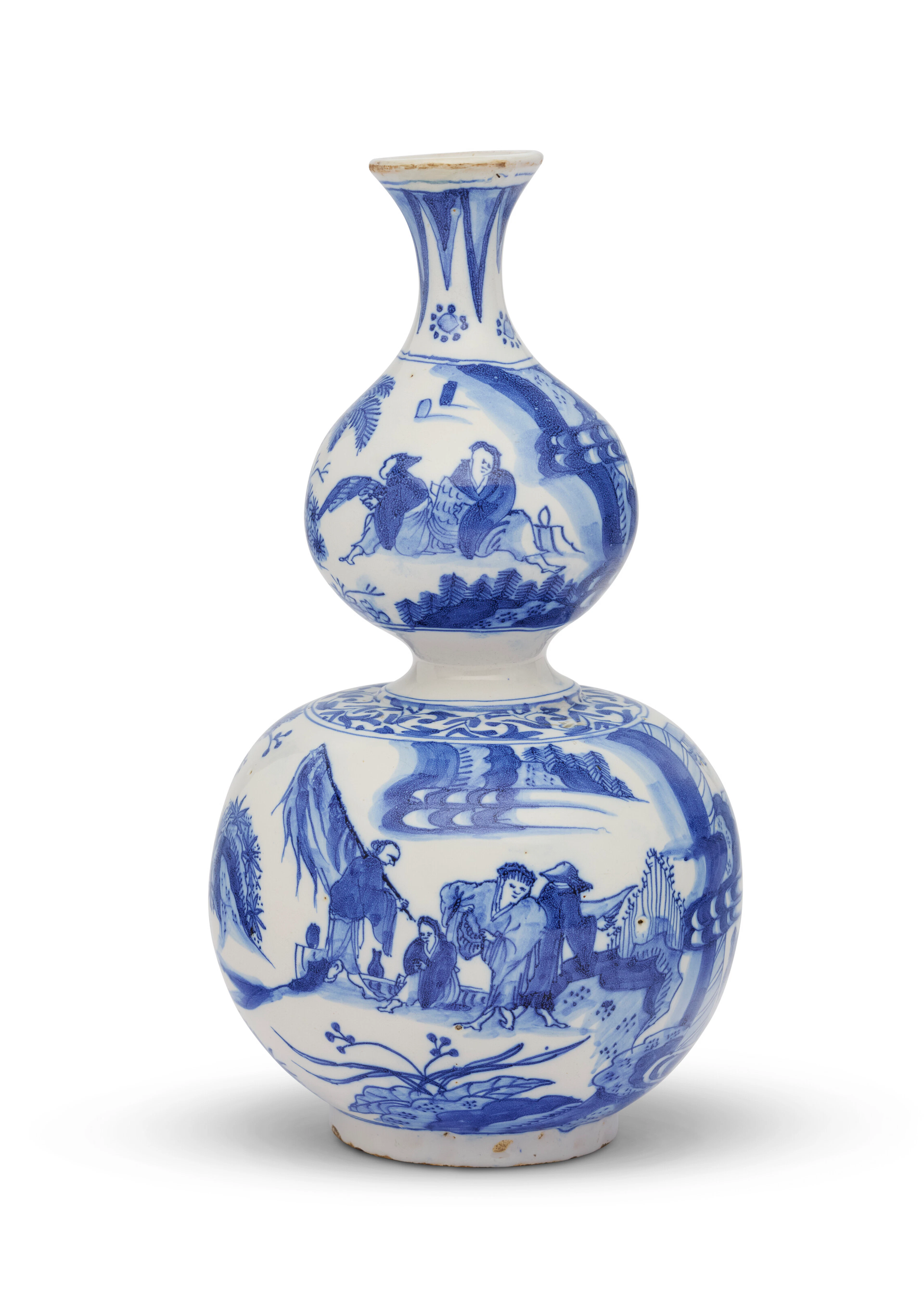 A Dutch Delft Blue and White Chinoiserie Double-Gourd Vase