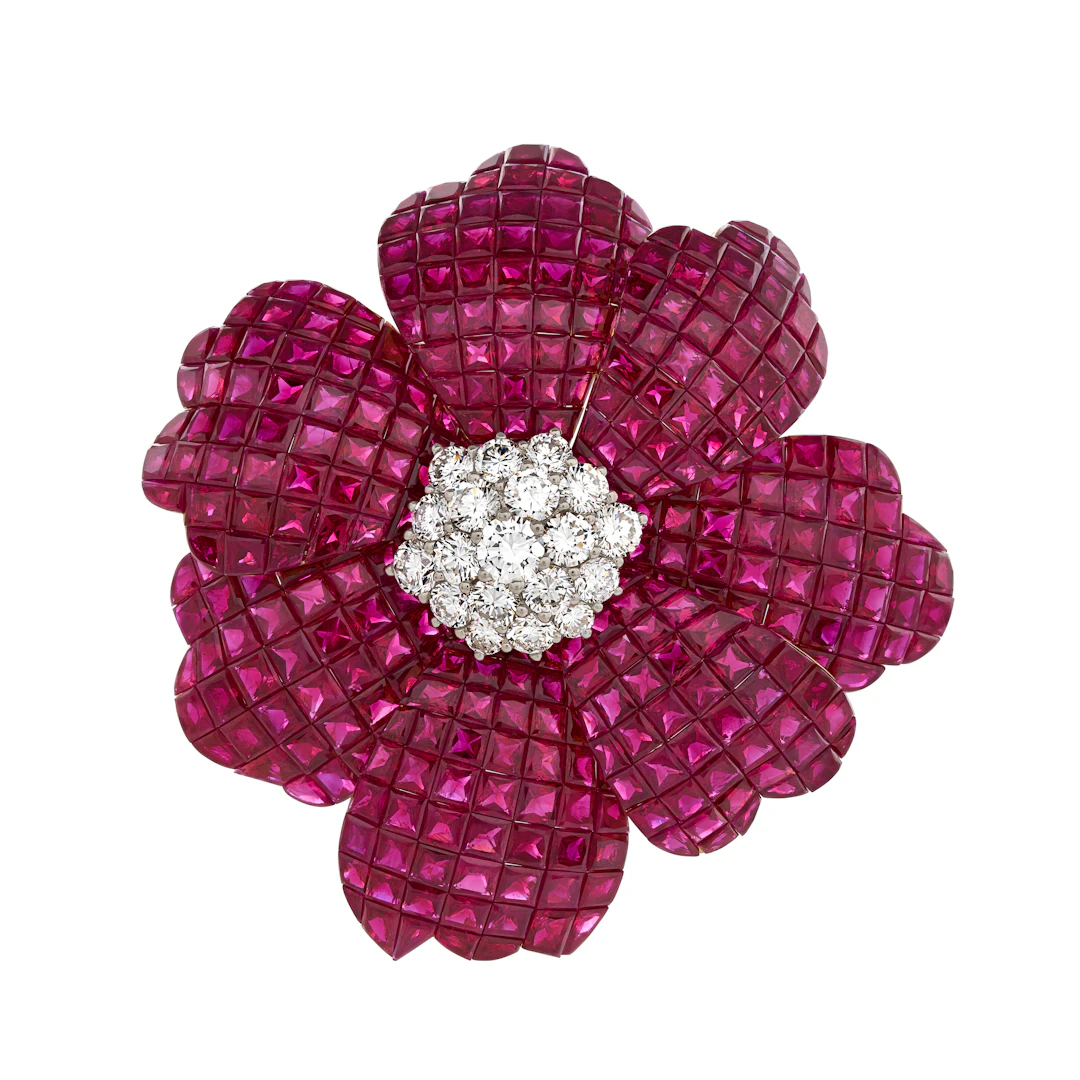Ruby and Diamond Invisibly-Set Clip-Brooch