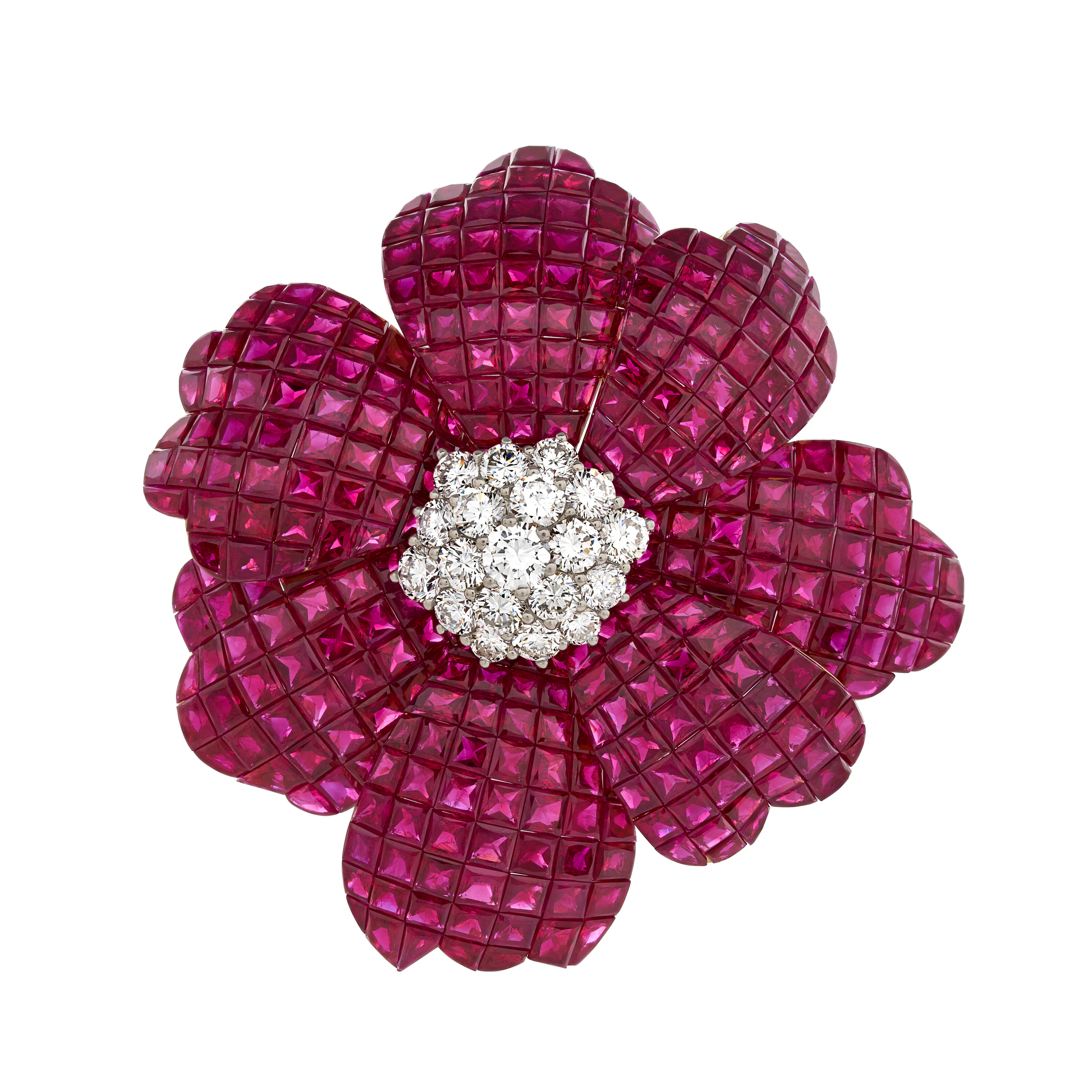 Ruby and Diamond Invisibly-Set Clip-Brooch