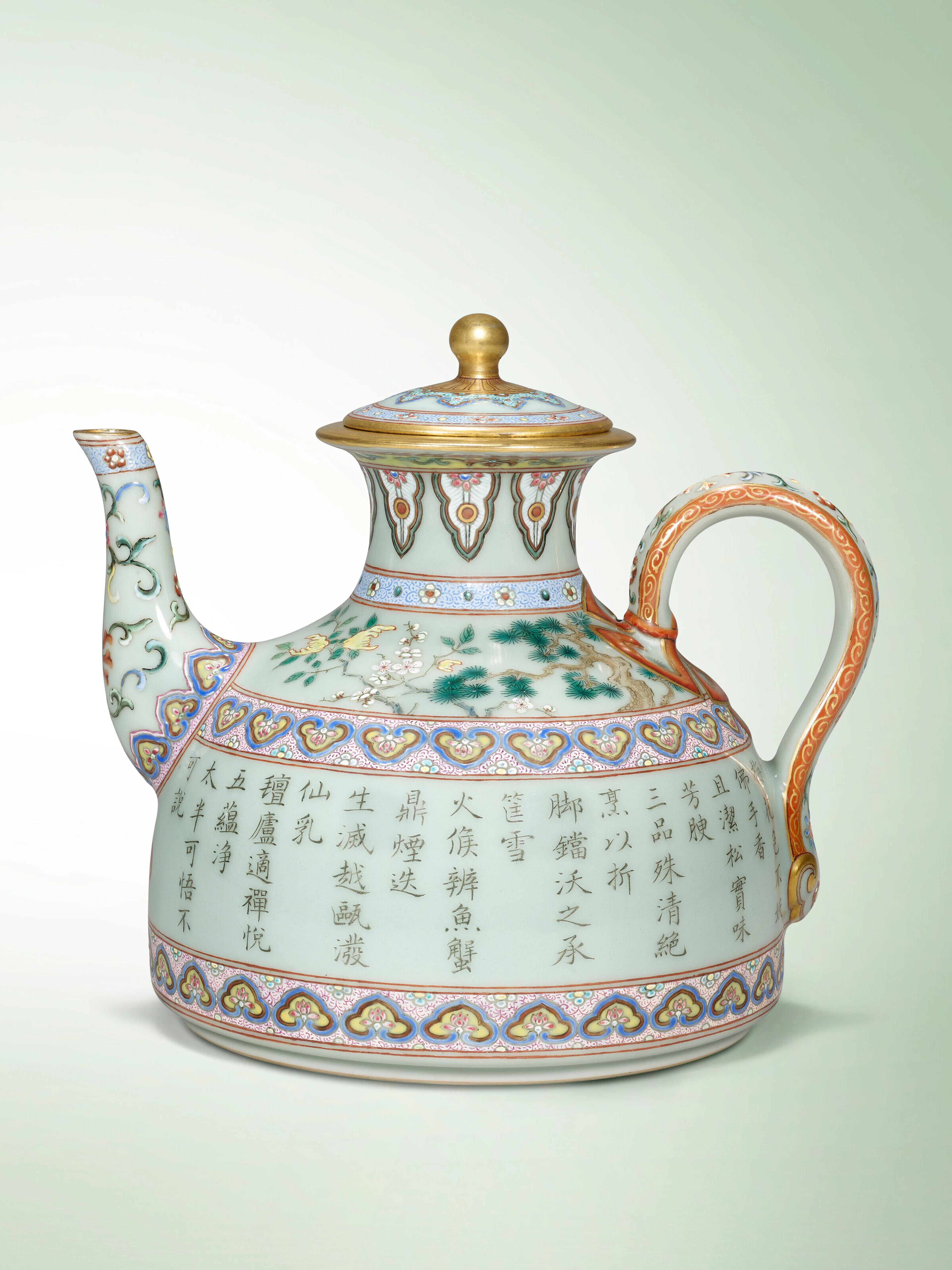 AN IMPERIAL YANGCAI INSCRIBED 'THREE PURITIES TEA' CELADON-GROUND