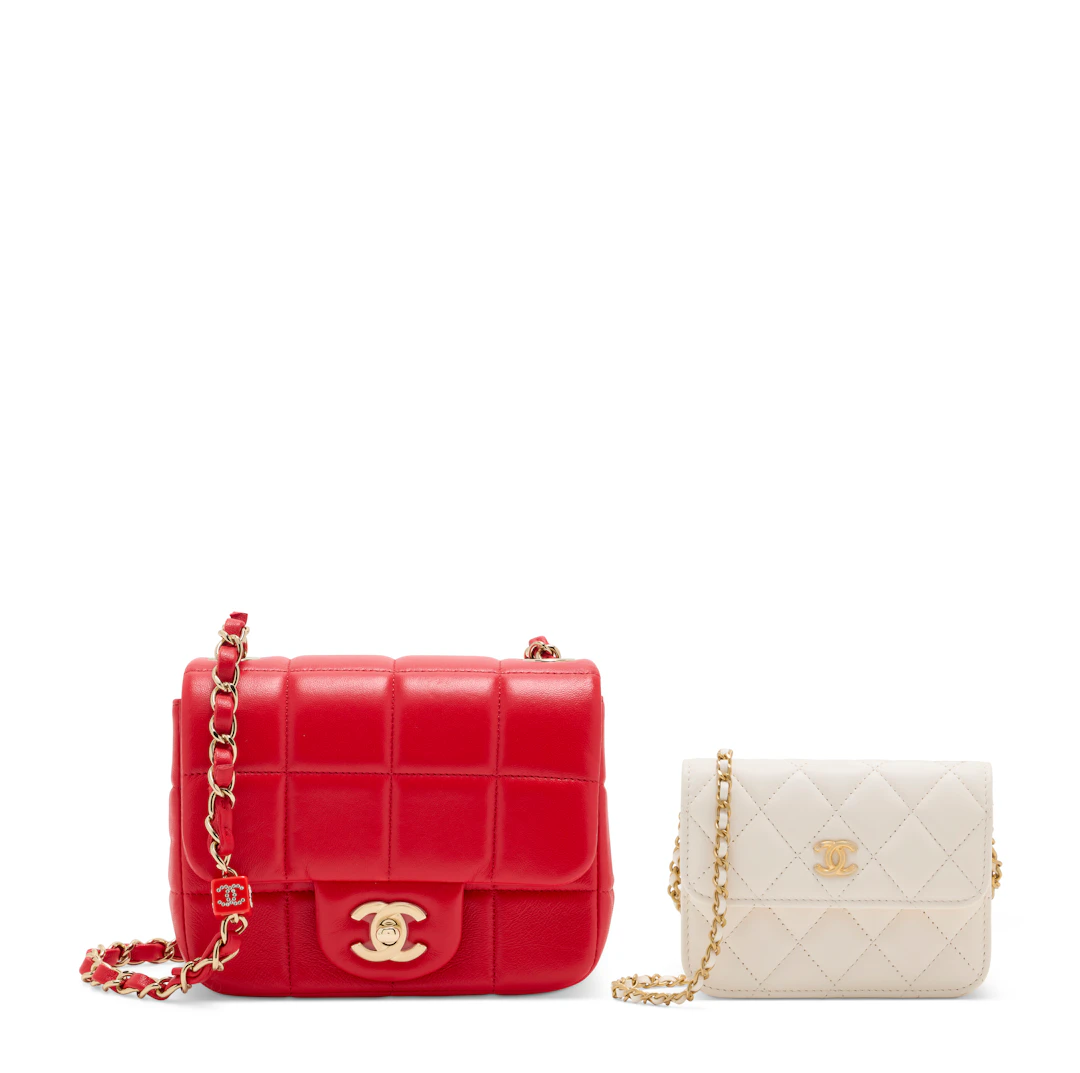 A Set of Two: a Red Lambskin Leather Monacoco Mini Square Flap Bag