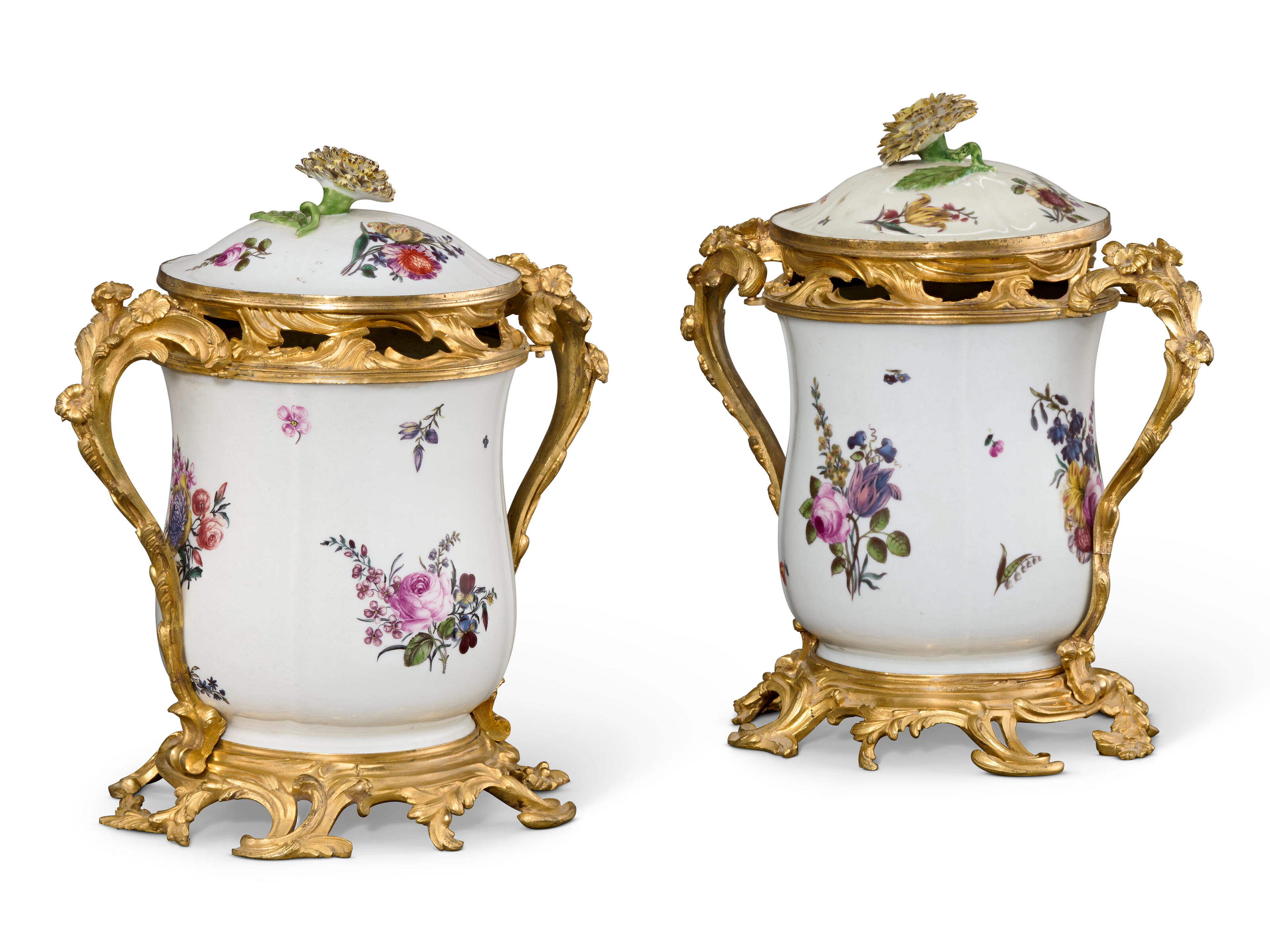 A PAIR OF LOUIS XV ORMOLU-MOUNTED MEISSEN PORCELAIN POT-POURRI VASES