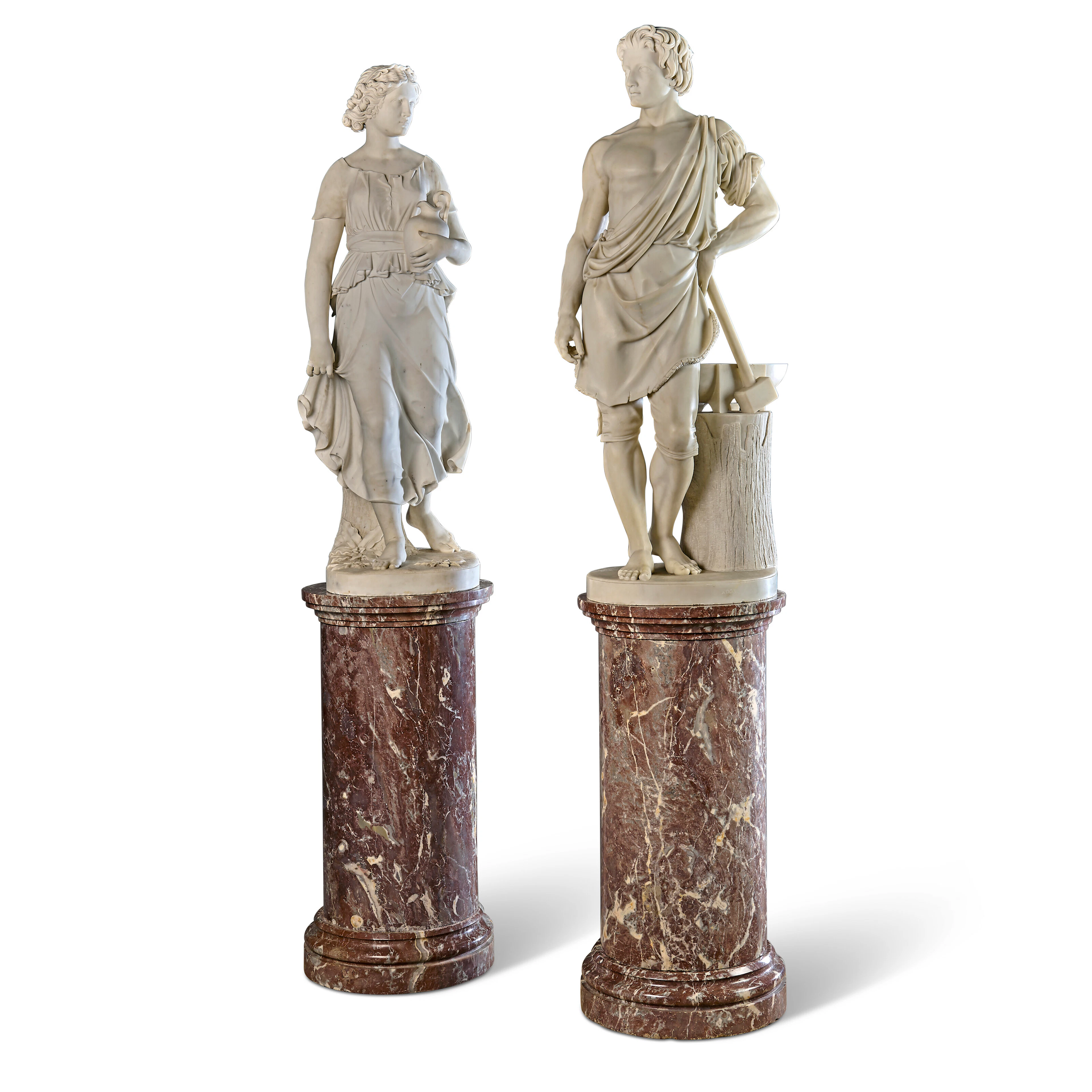Two Marble Figures of a Classical Maiden Holding a Water Ewer and