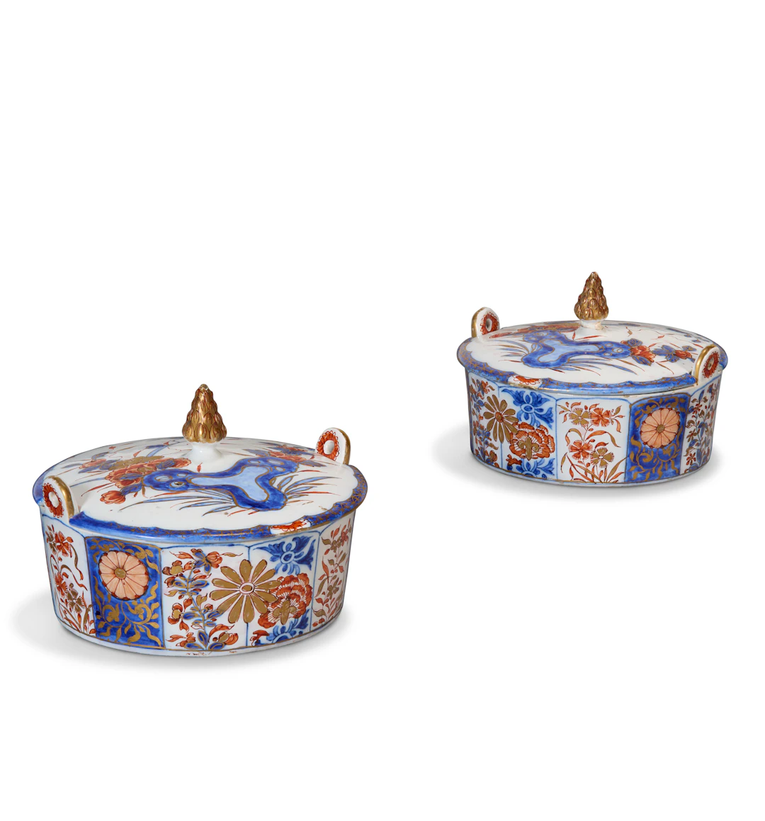 A Pair of Dutch Delft Dore Imari Butter-Tubs and Covers
