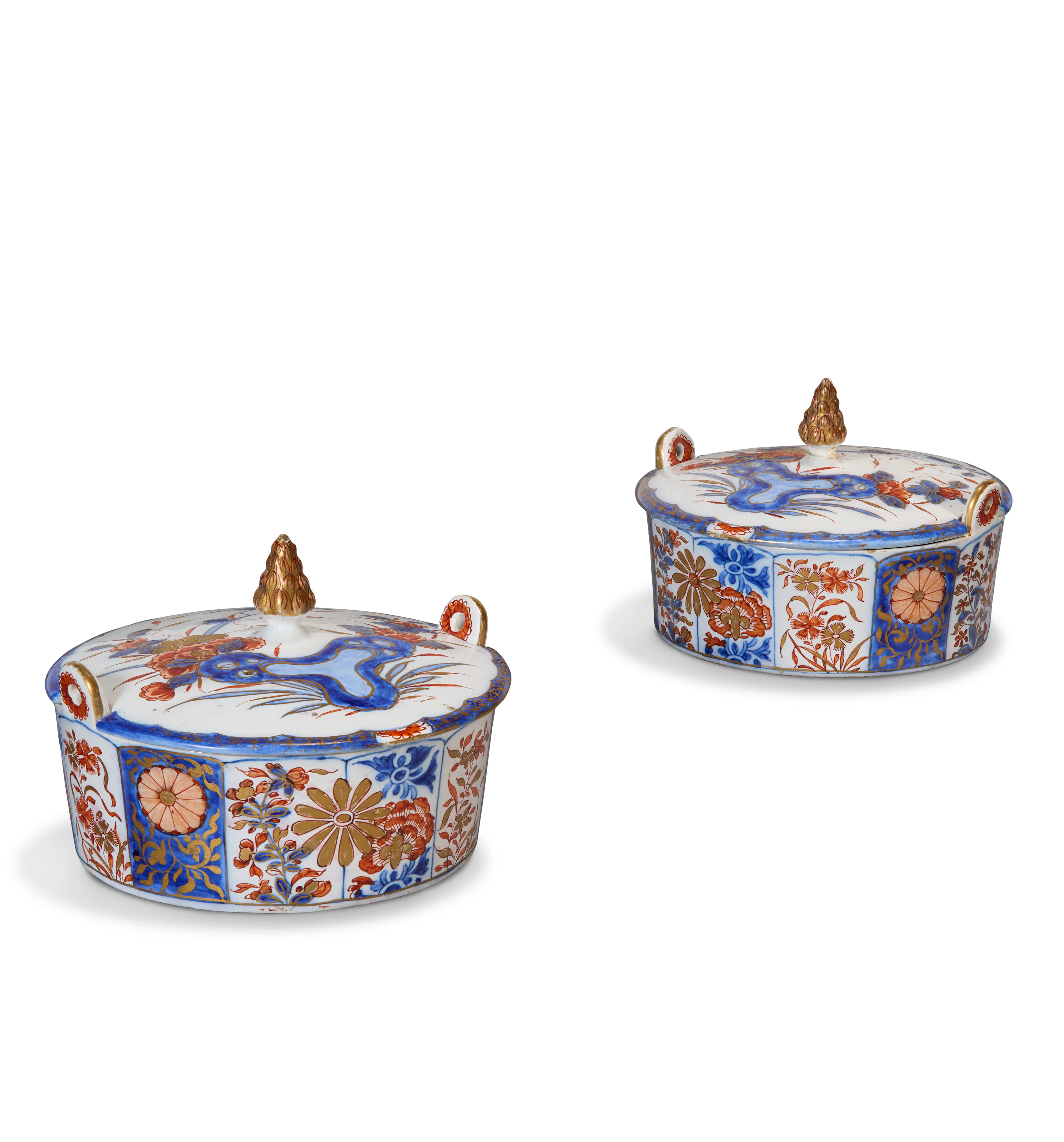 A Pair of Dutch Delft Dore Imari Butter-Tubs and Covers