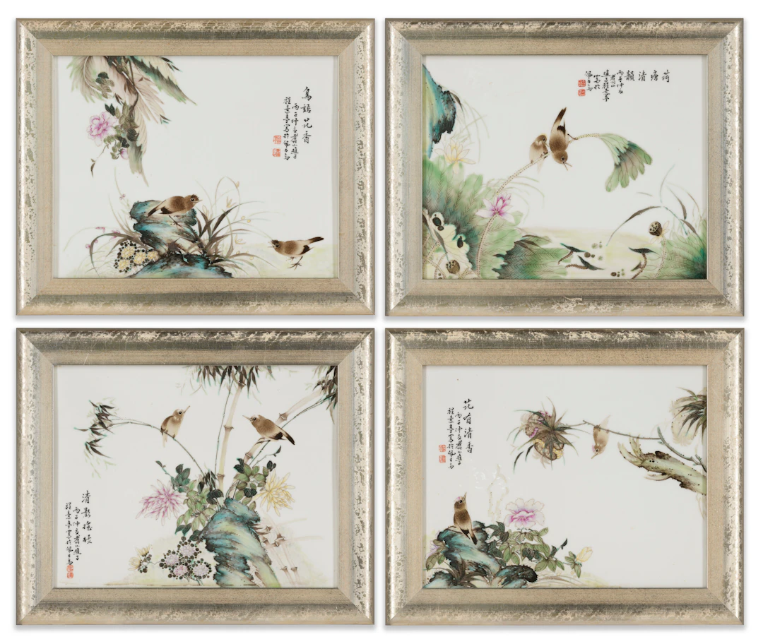 A Set of Four Famille Rose ‘Birds and Flowers' Porcelain Plaques