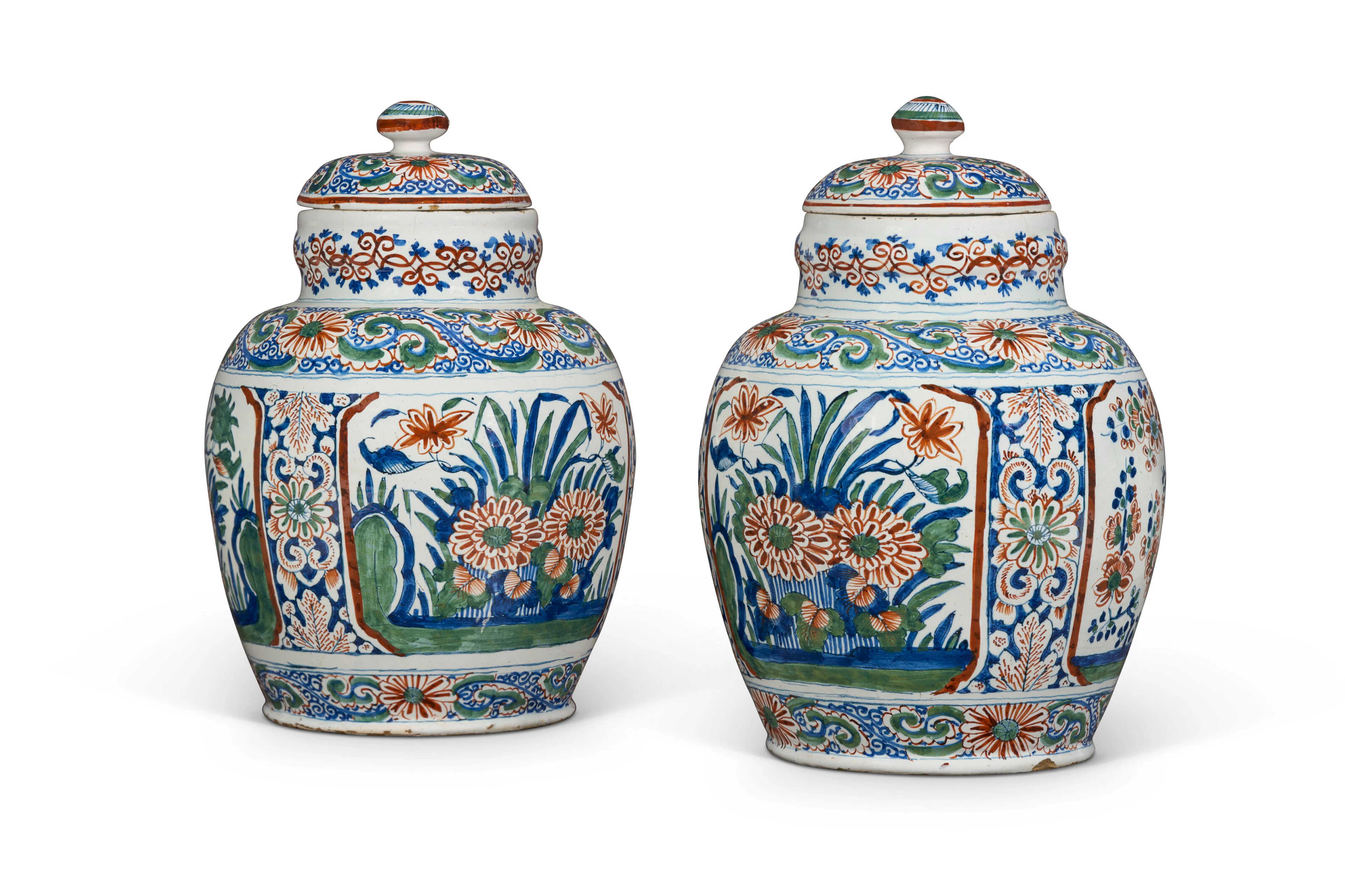 A Pair of Dutch Delft Polychrome Jars and Covers