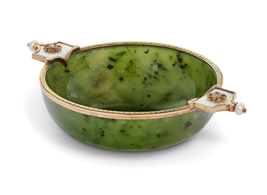 A Jeweled and Guilloché Enamel Gold-Mounted Nephrite Bowl