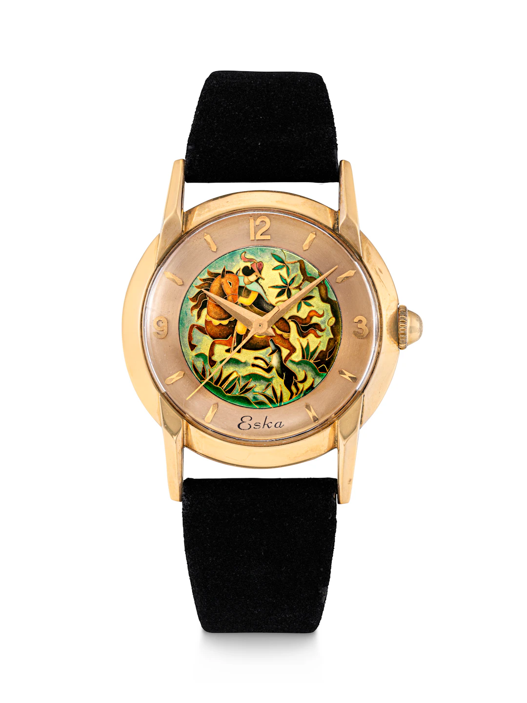 Eska, Pink Gold Wristwatch with Cloisonné Enamel Dial