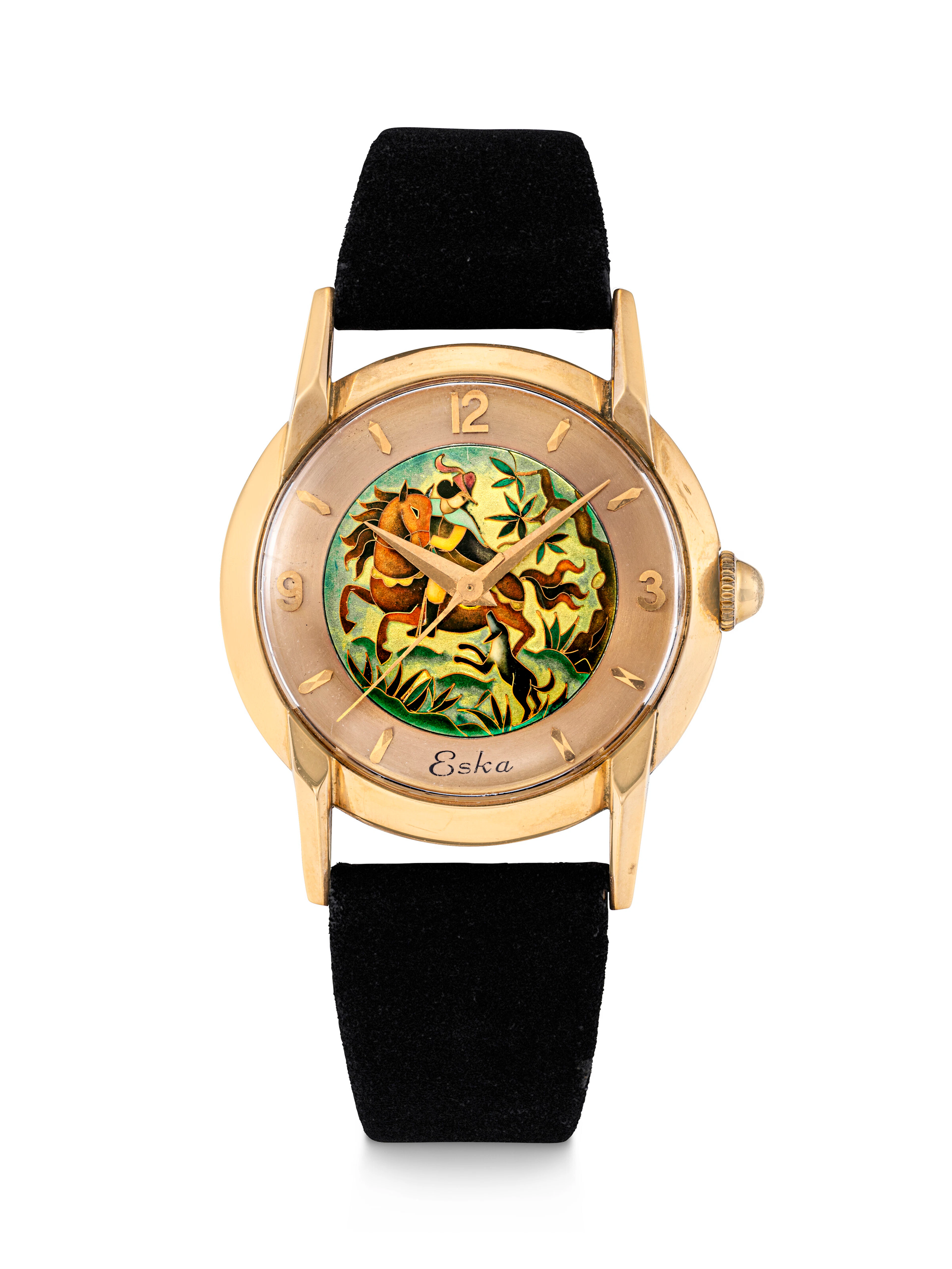 Eska, Pink Gold Wristwatch with Cloisonné Enamel Dial