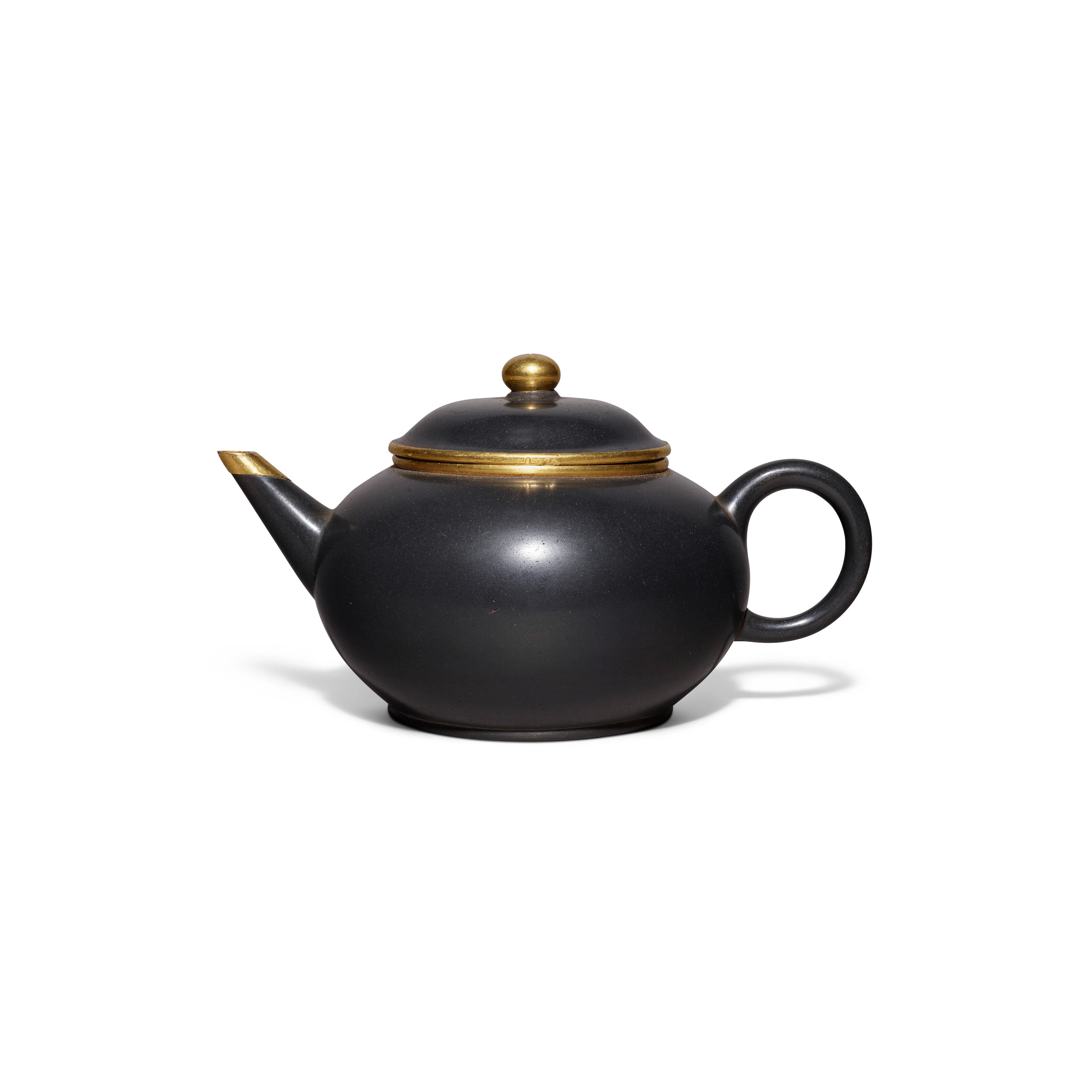A Burnished and Inscribed Yixing Teapot with Gilt Mounts