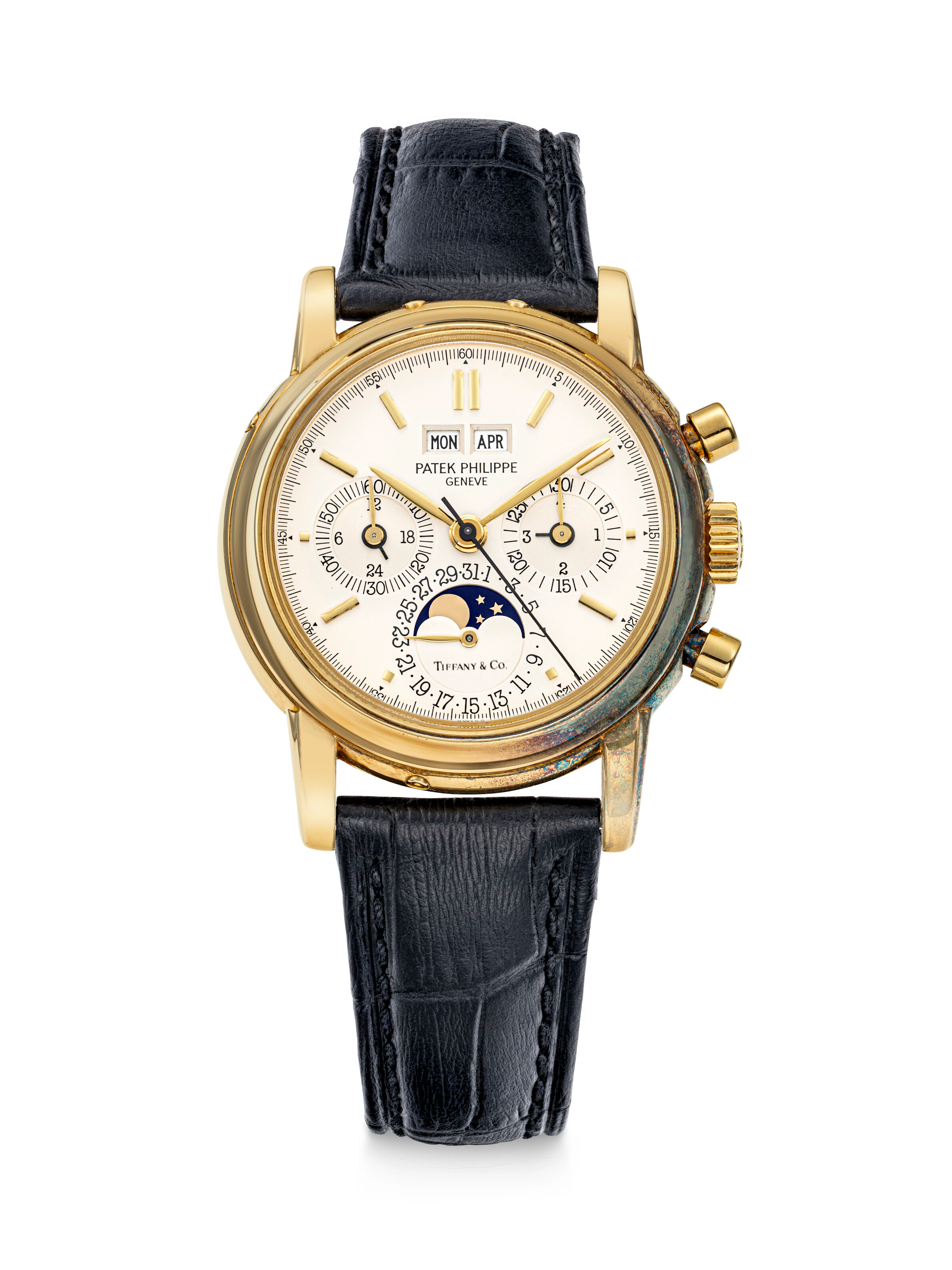 PATEK PHILIPPE. A VERY RARE 18K GOLD PERPETUAL CALENDAR CHRONOGRAPH