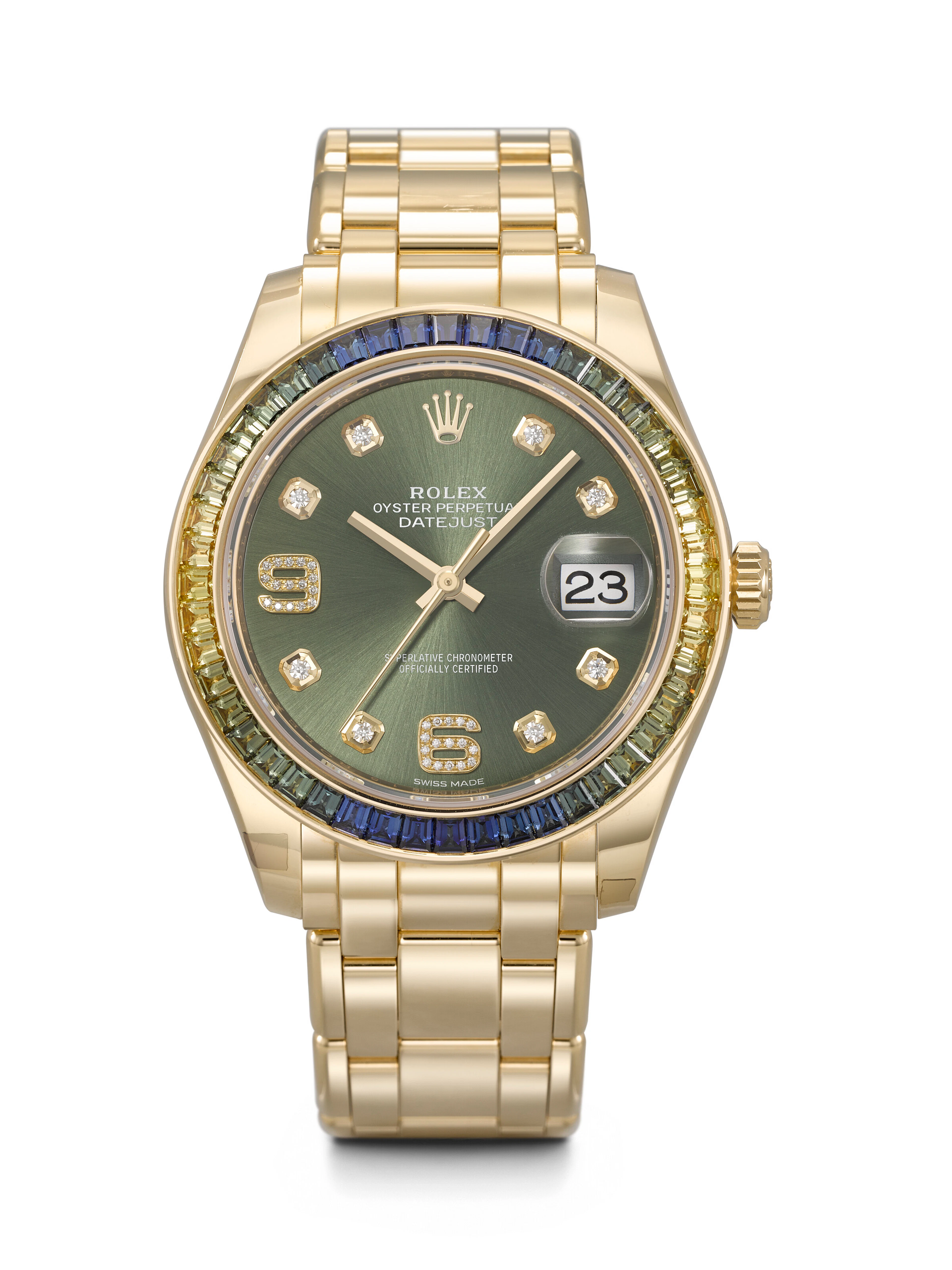 Rolex. A Highly Rare and Fancy 18K Gold, Diamond and Multi-Colored