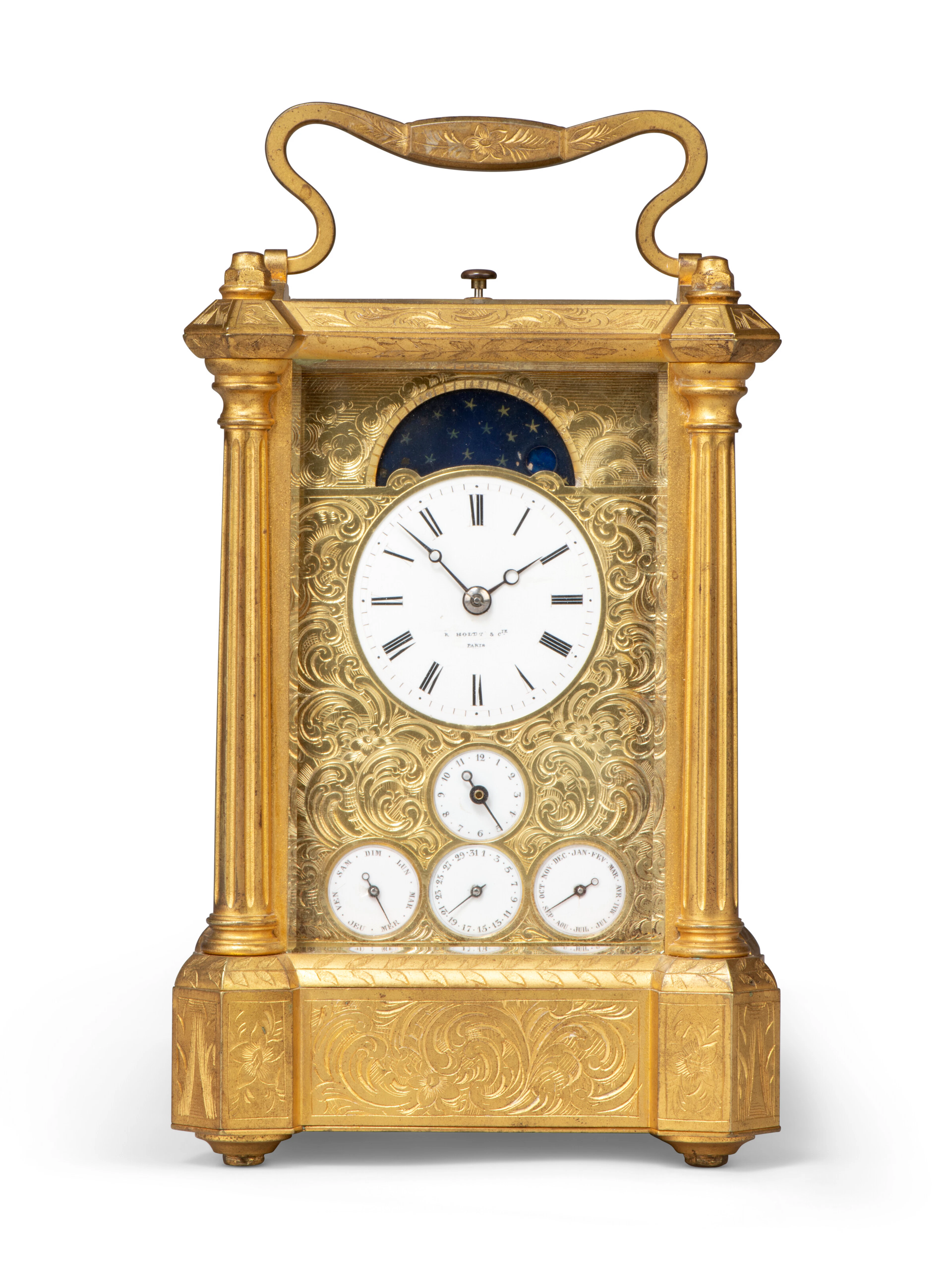 A French Gilt-Brass Carriage Clock with Strike Repeat, Alarm, Calendar