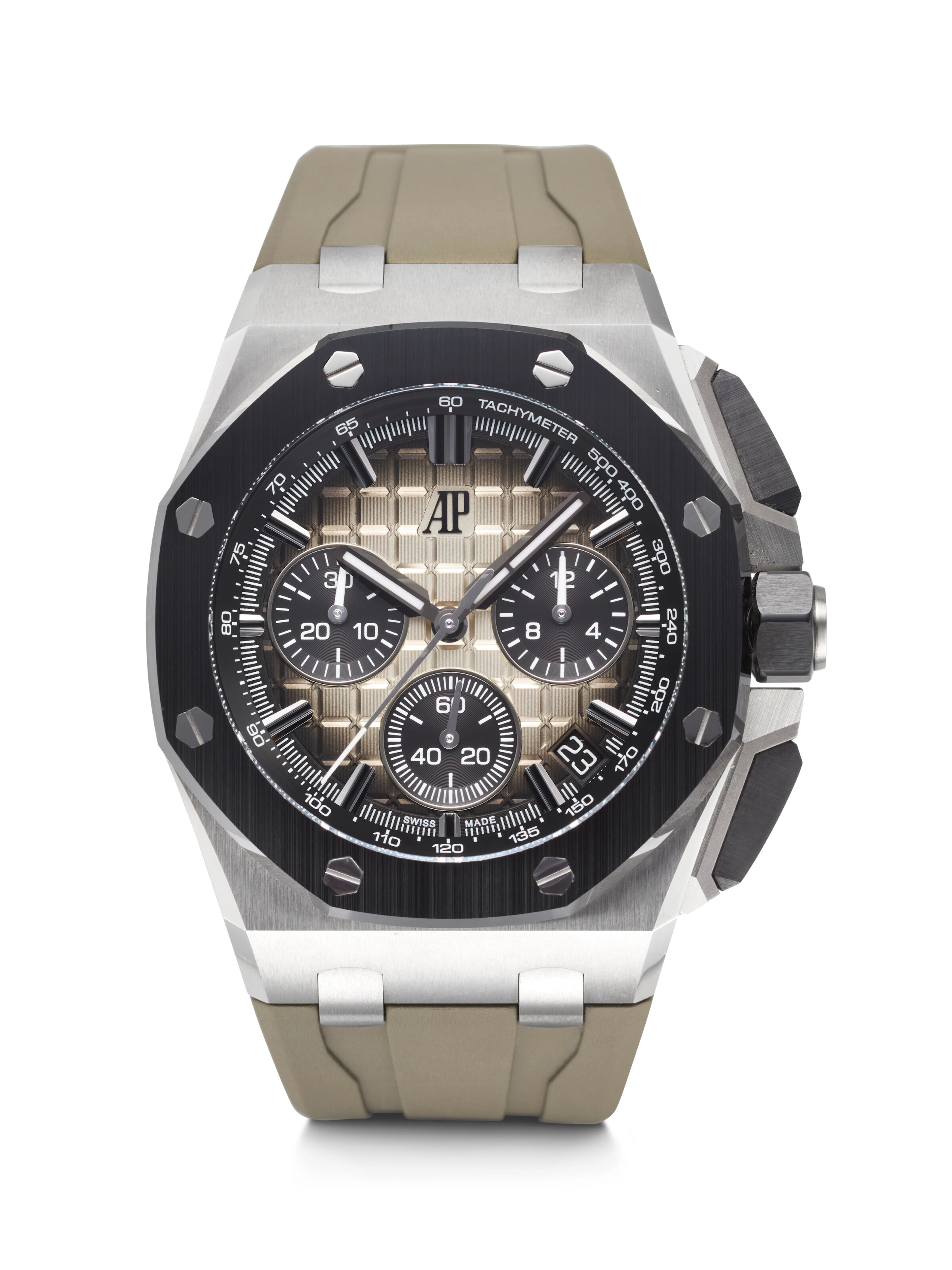 AUDEMARS PIGUET. A LARGE AND SPORTY STAINLESS STEEL AND CERAMIC AUTOMATIC