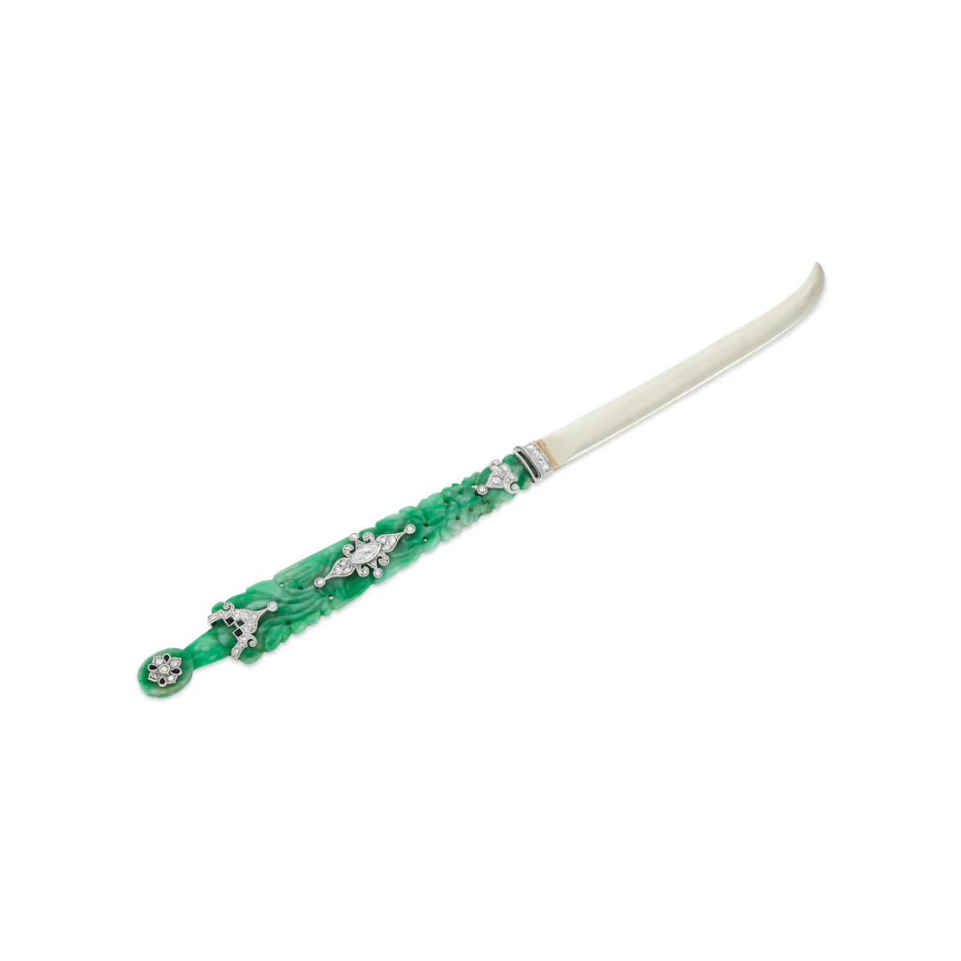 Antique Jade, Diamond and Onyx Letter Opener