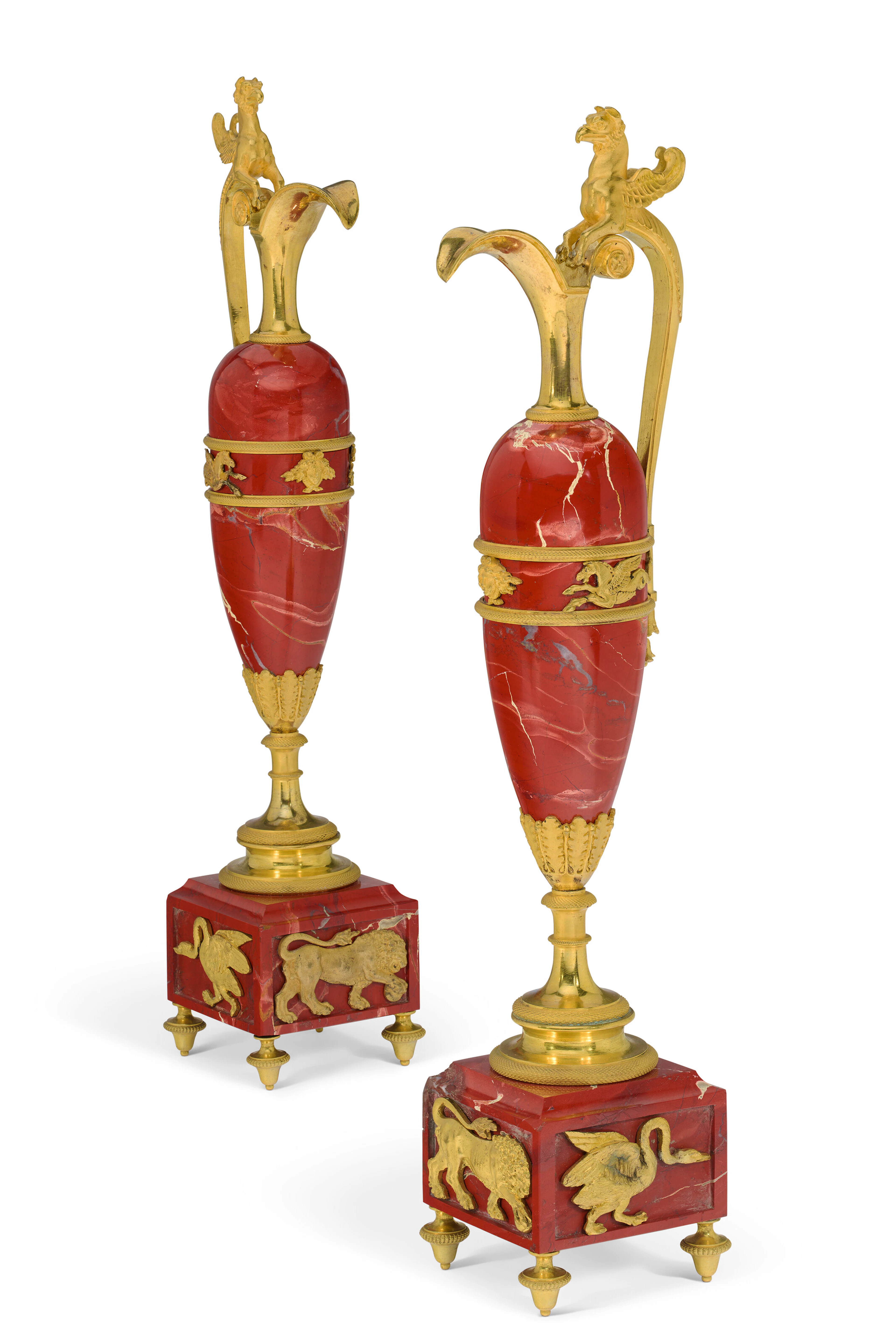 A Pair of Russian Ormolu and Red Jasper Ewers