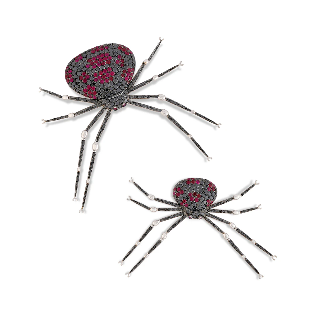 Pair of Ruby and Coloured Diamond Spider Brooches