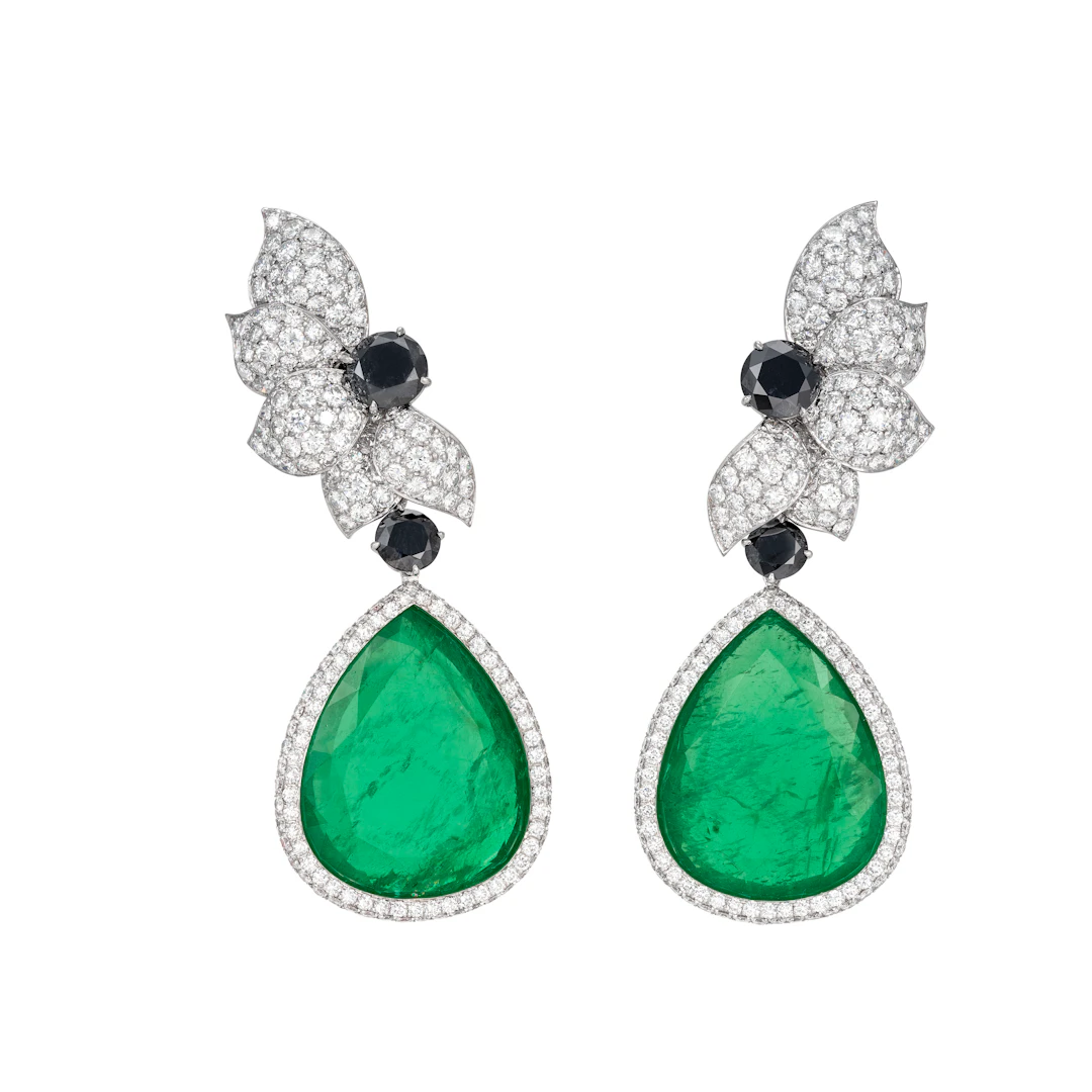 De Grisogono Pair of Emerald, Coloured Diamond and Diamond Earrings
