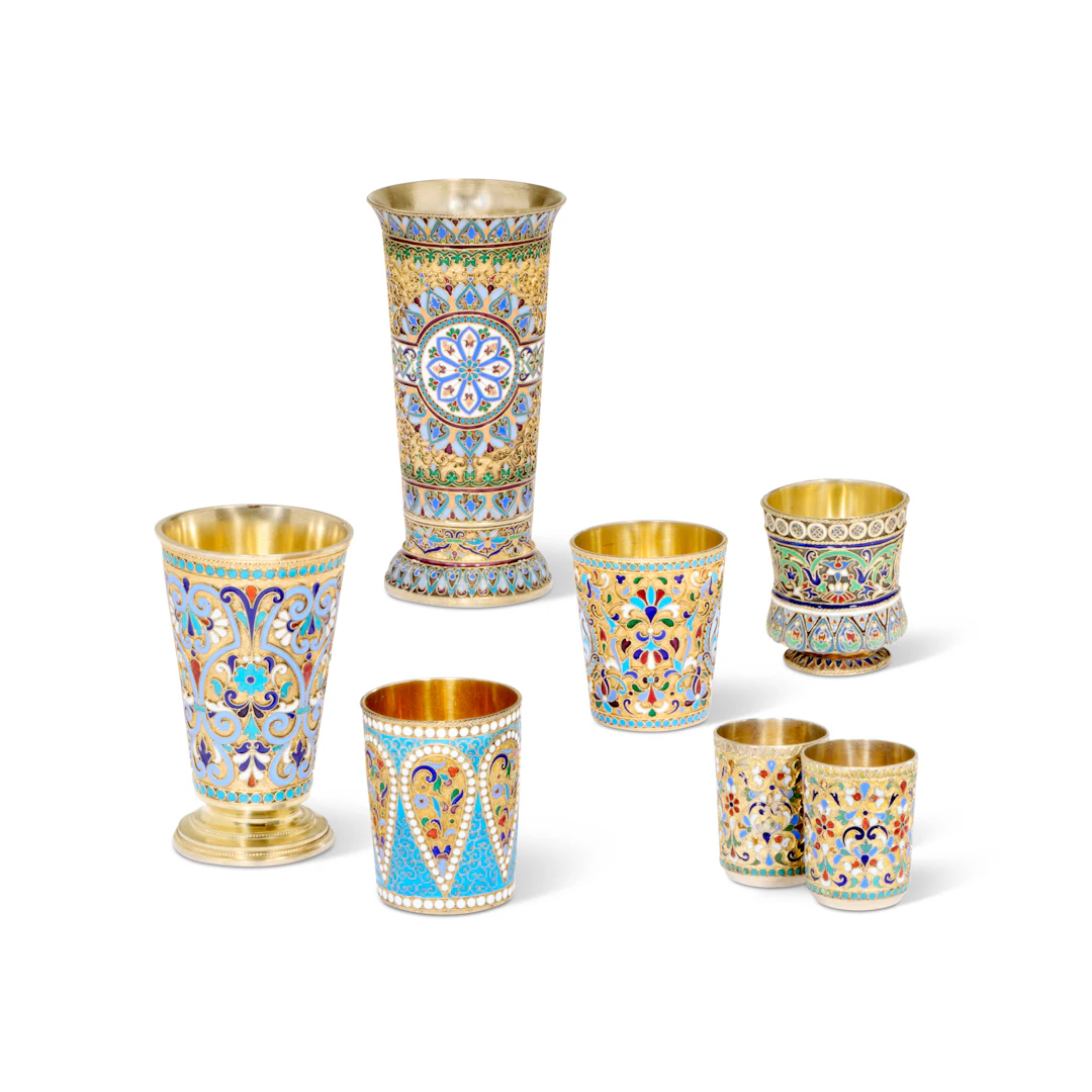 A Group of Seven Russian Silver-Gilt and Cloisonné Enamel Beakers