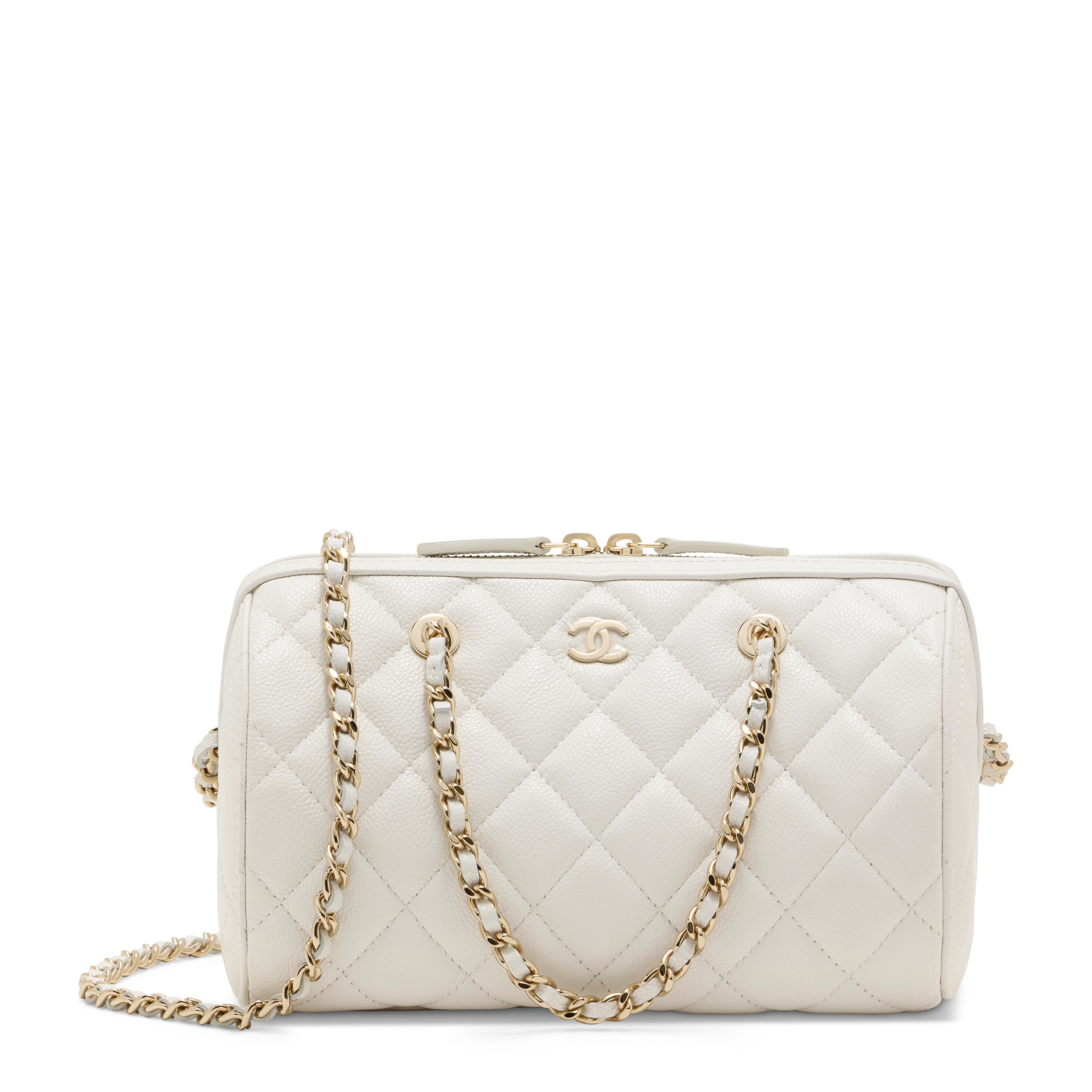 A White Quilted Caviar Leather 25P Mini Bowling Bag with Light Gold Hardware