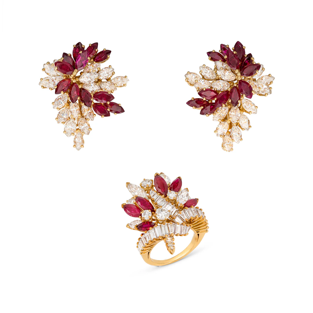 Meister Pair of Ruby and Diamond Earrings with an Associated Ring